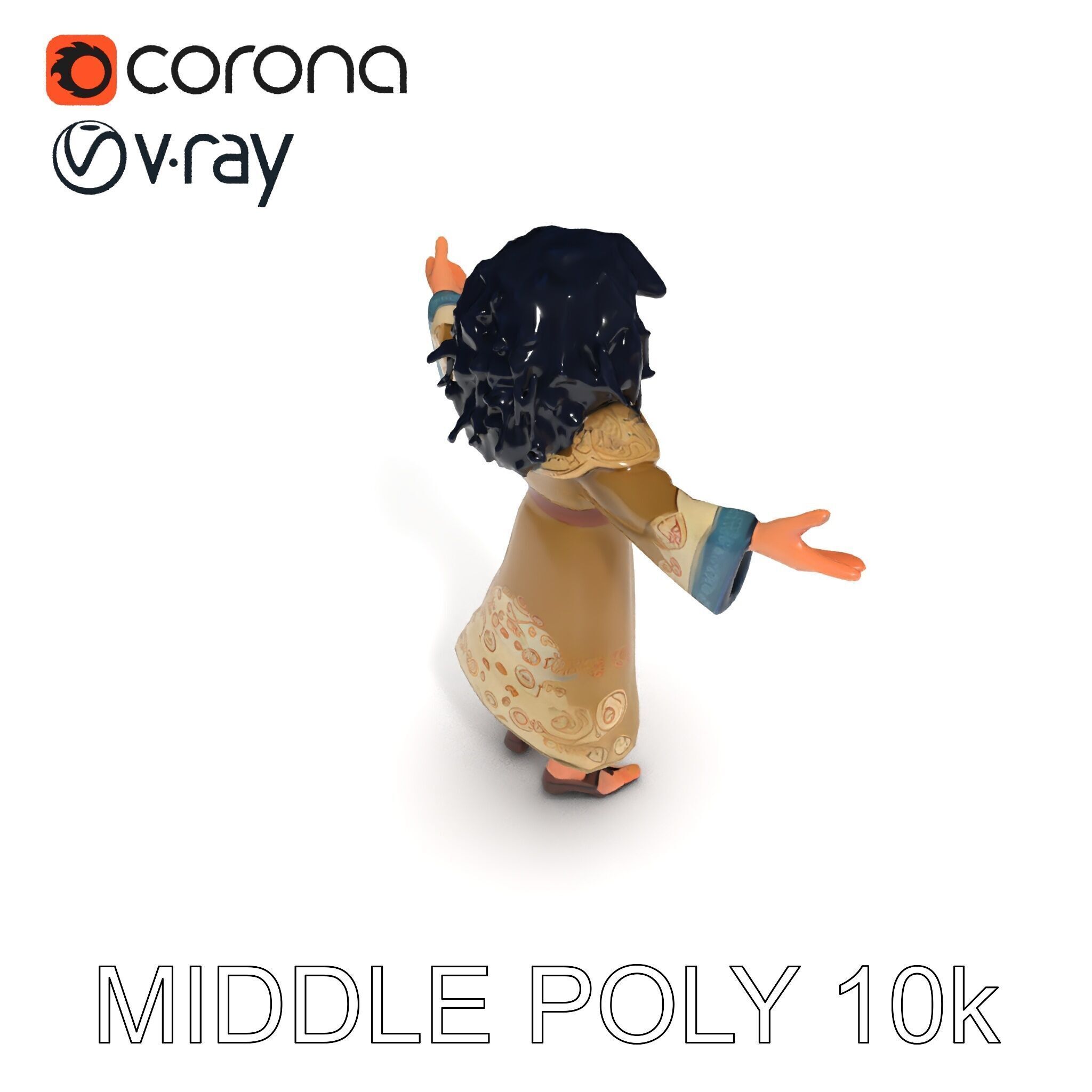 Mystical Wizard Character with Flowing Robes and Curly Hair Low-poly 3D model_25
