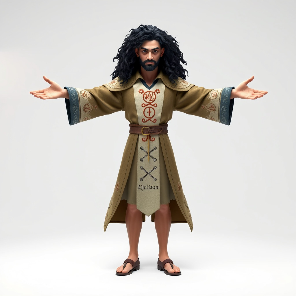 Mystical Wizard Character with Flowing Robes and Curly Hair Low-poly 3D model_4