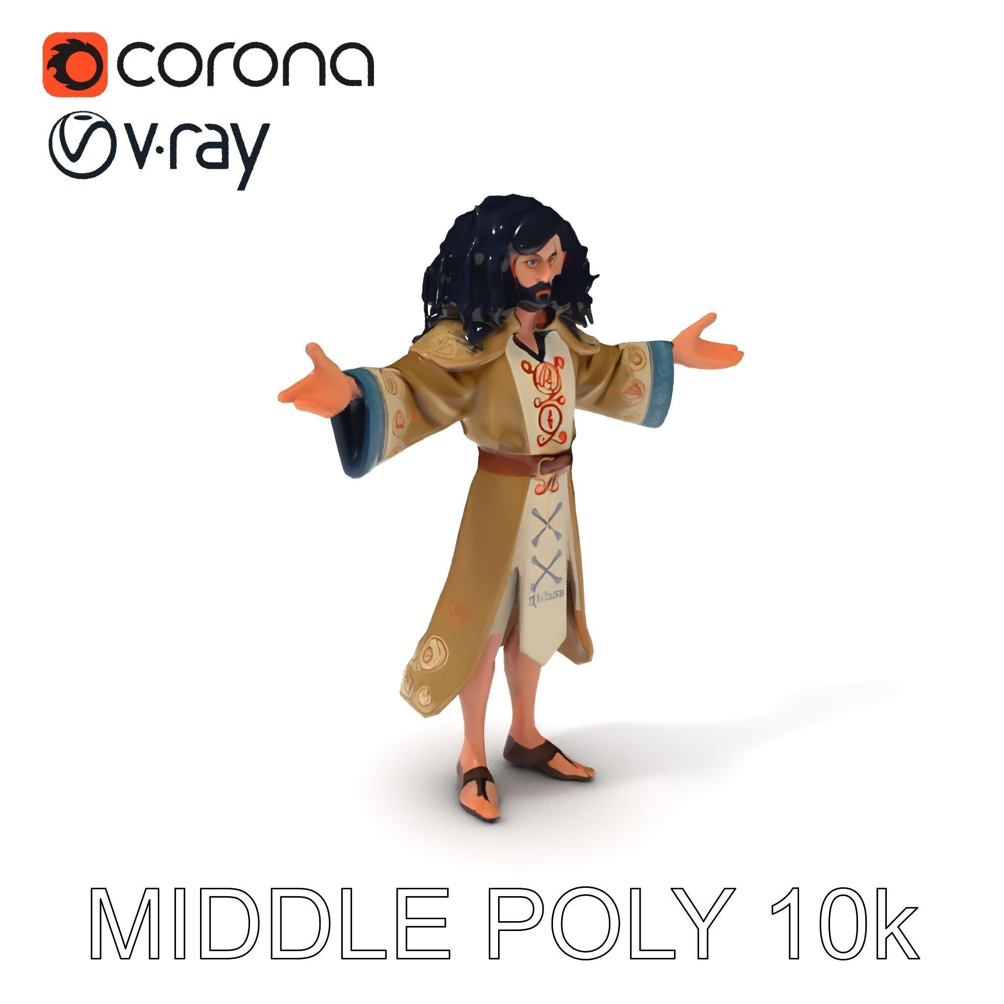 Mystical Wizard Character with Flowing Robes and Curly Hair Low-poly 3D model_31