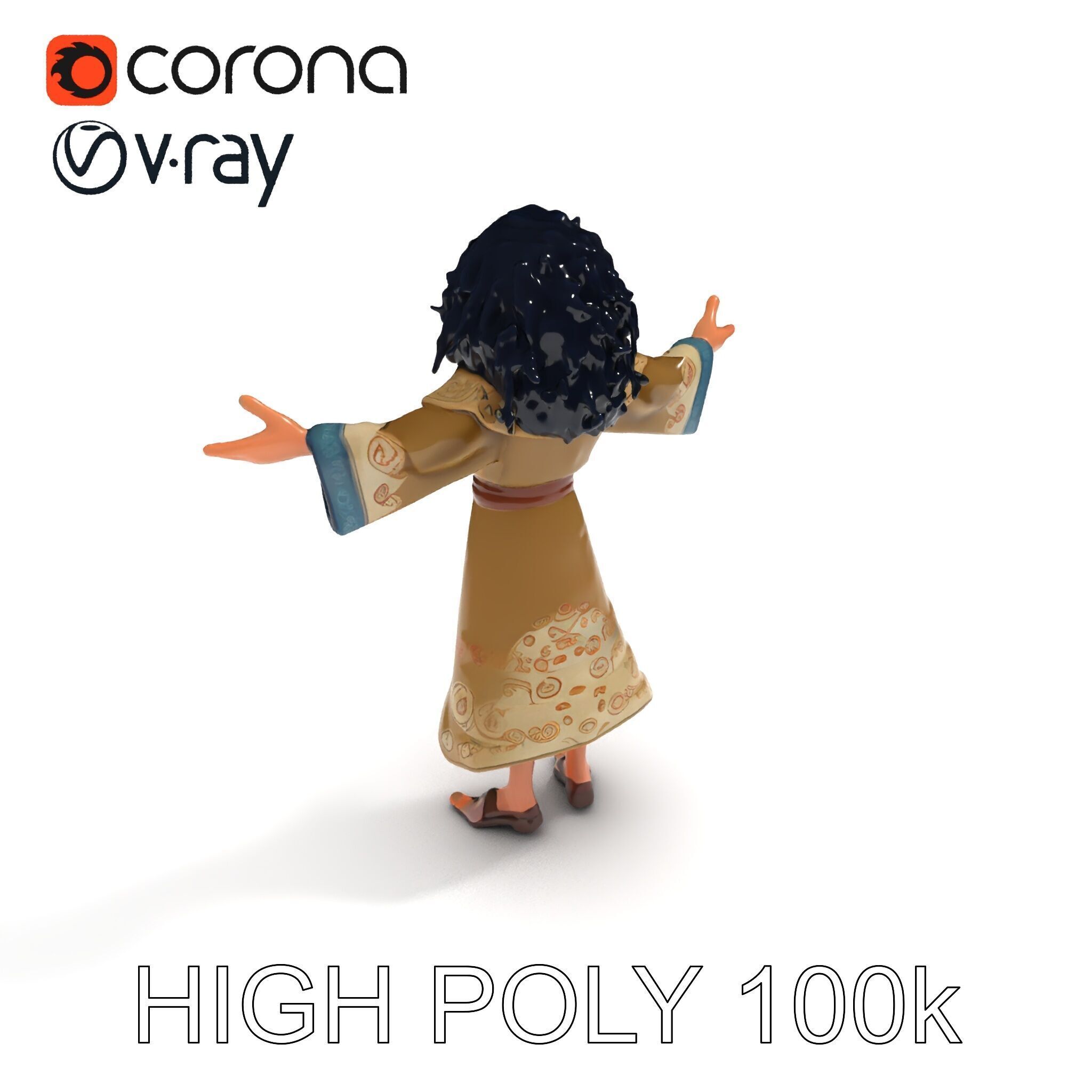 Mystical Wizard Character with Flowing Robes and Curly Hair Low-poly 3D model_16