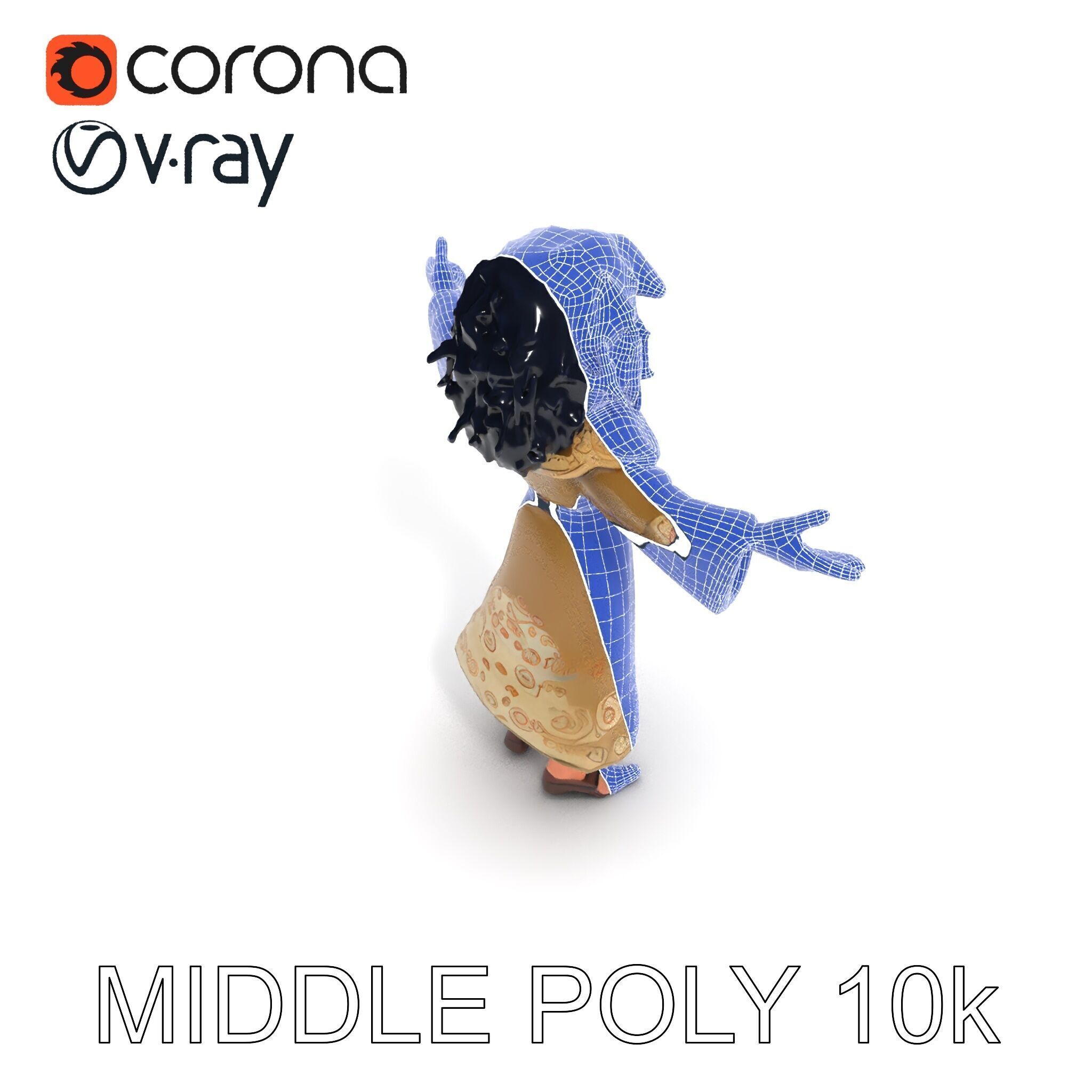 Mystical Wizard Character with Flowing Robes and Curly Hair Low-poly 3D model_28