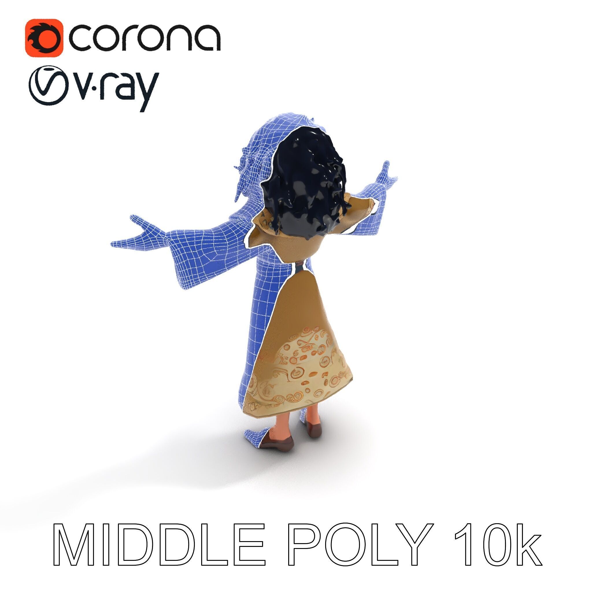 Mystical Wizard Character with Flowing Robes and Curly Hair Low-poly 3D model_37