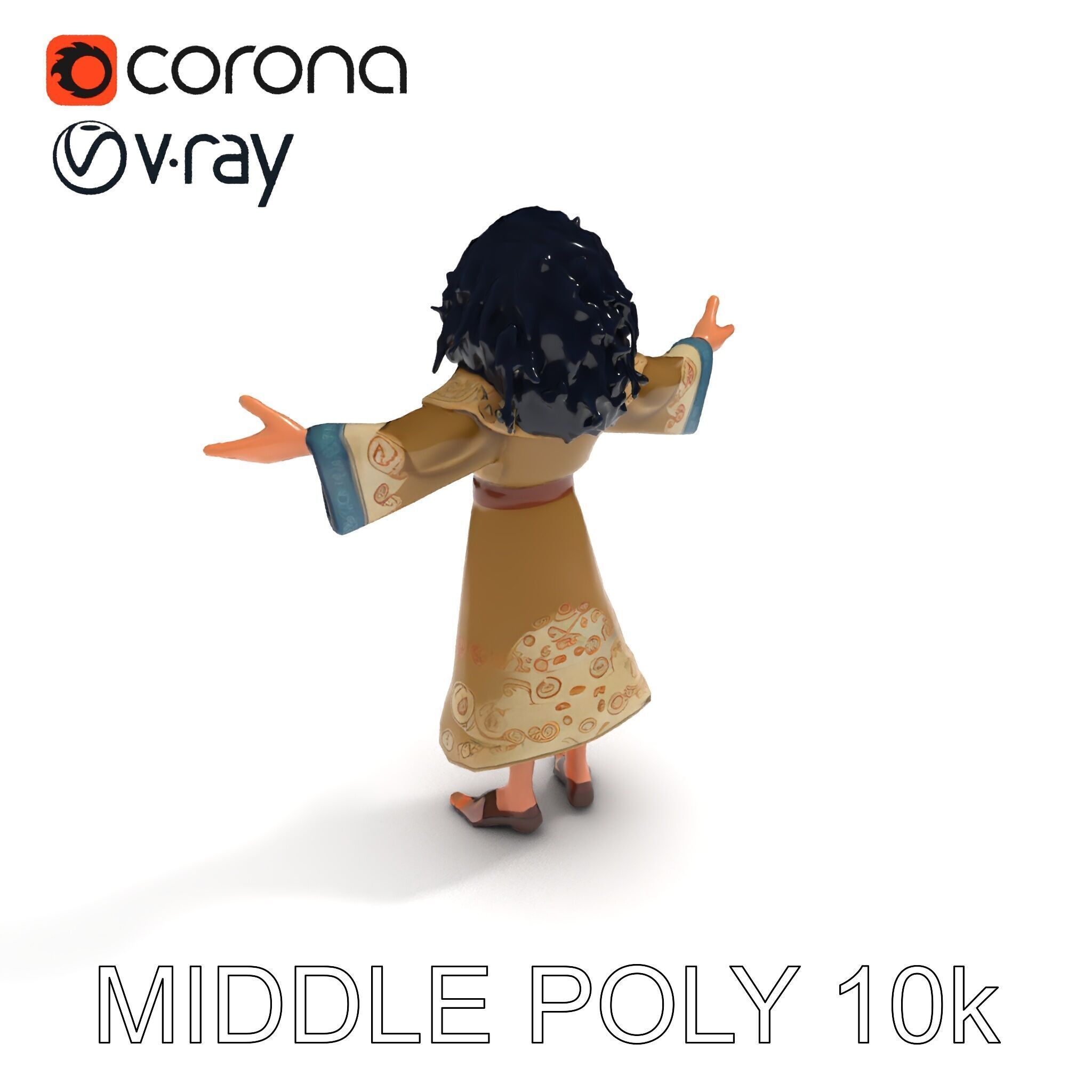 Mystical Wizard Character with Flowing Robes and Curly Hair Low-poly 3D model_14