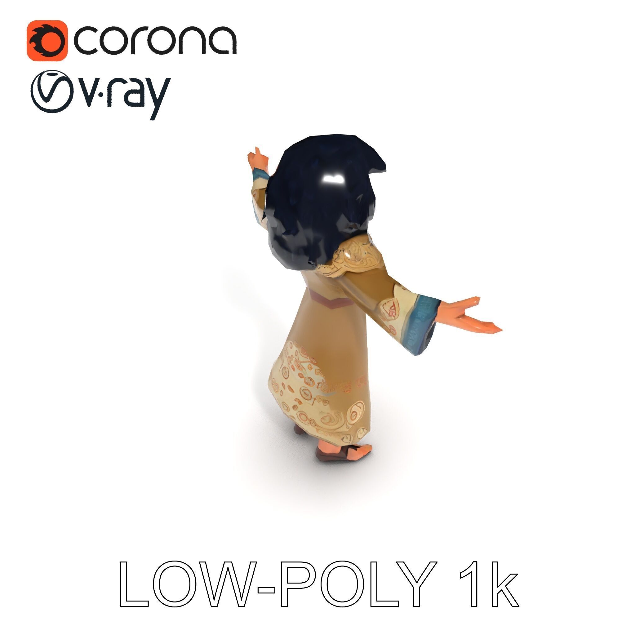 Mystical Wizard Character with Flowing Robes and Curly Hair Low-poly 3D model_20