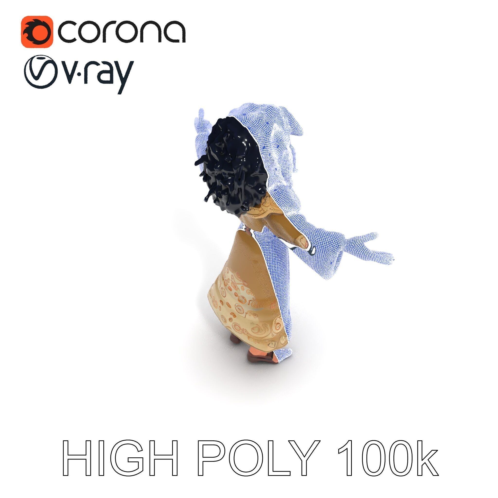 Mystical Wizard Character with Flowing Robes and Curly Hair Low-poly 3D model_11