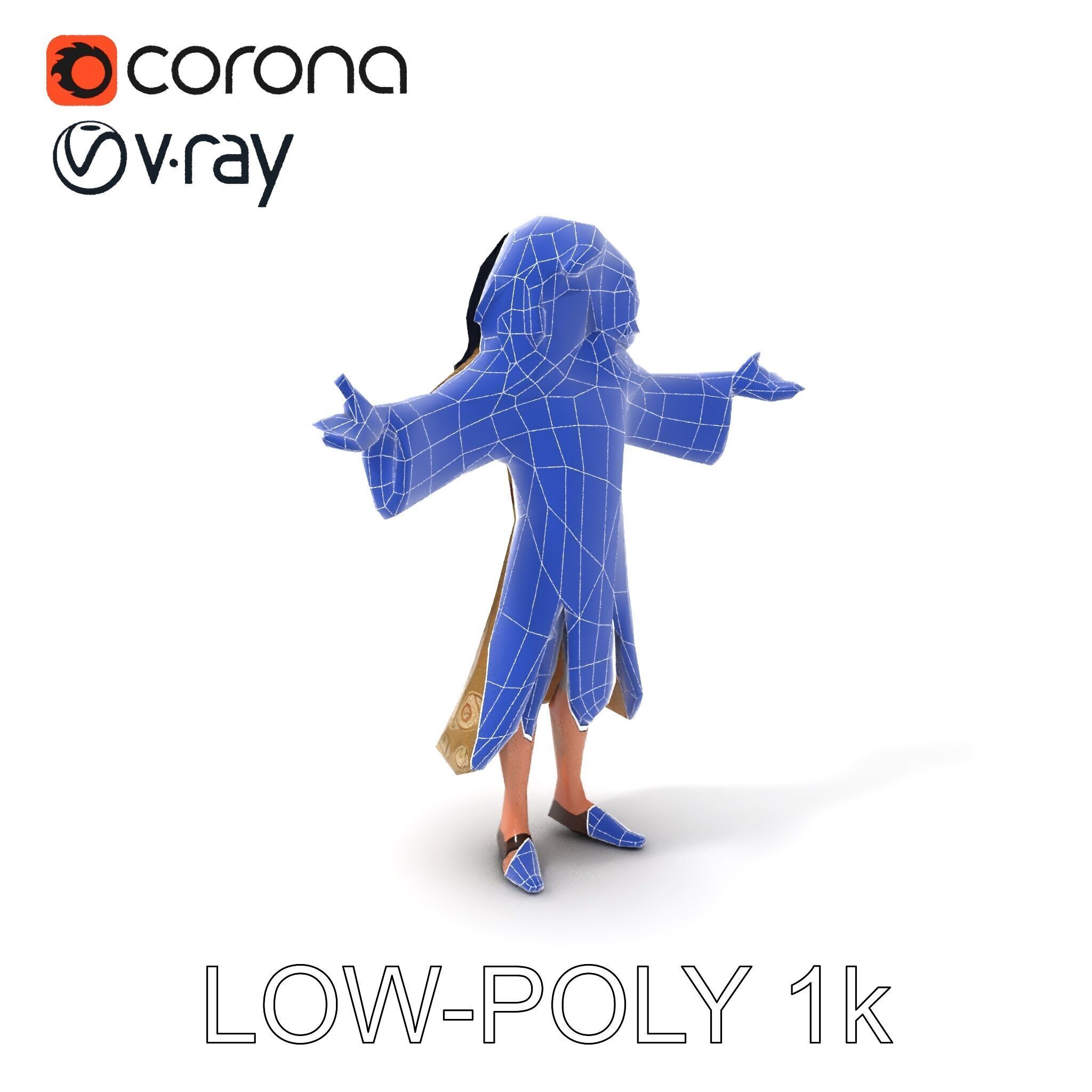 Mystical Wizard Character with Flowing Robes and Curly Hair Low-poly 3D model_26