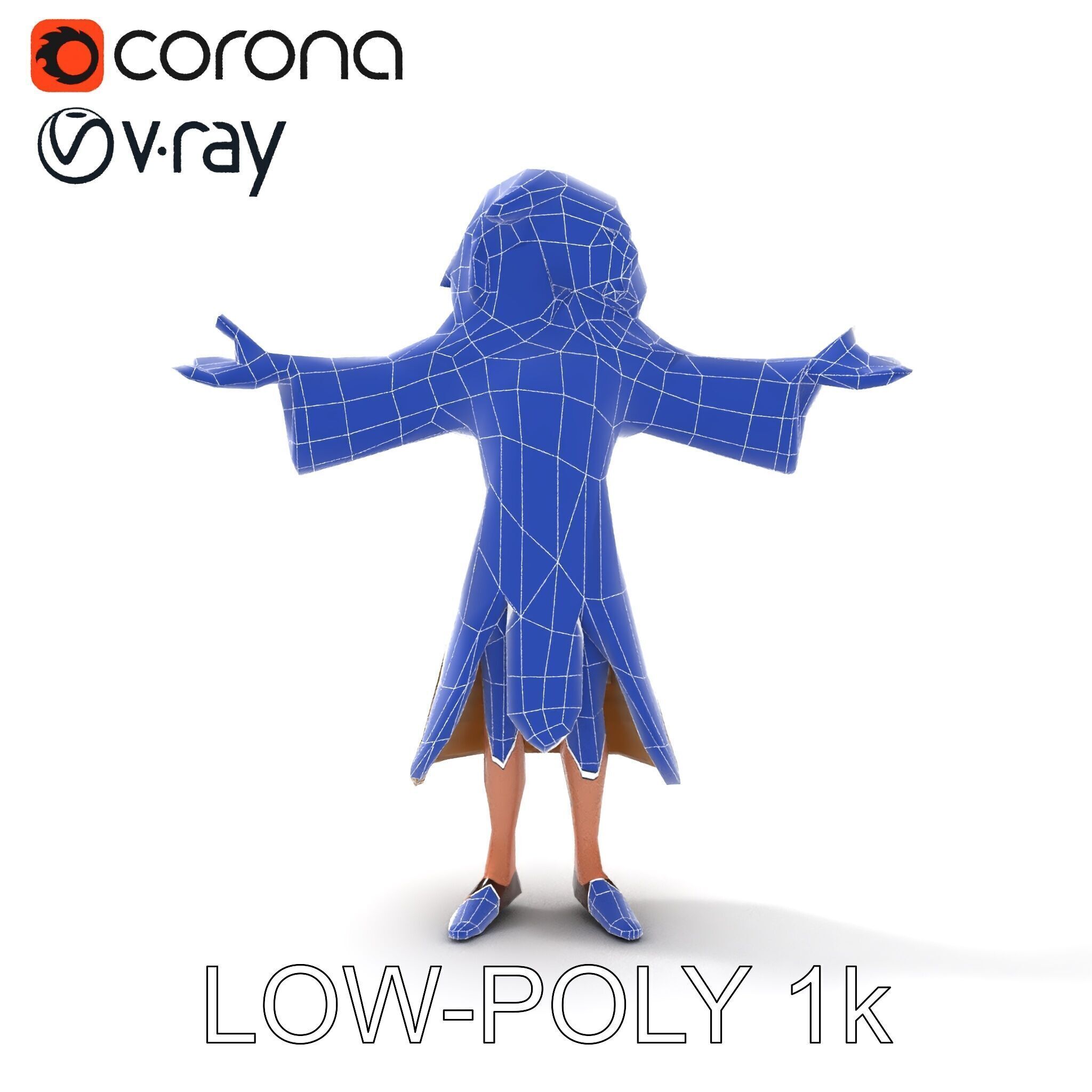 Mystical Wizard Character with Flowing Robes and Curly Hair Low-poly 3D model_13