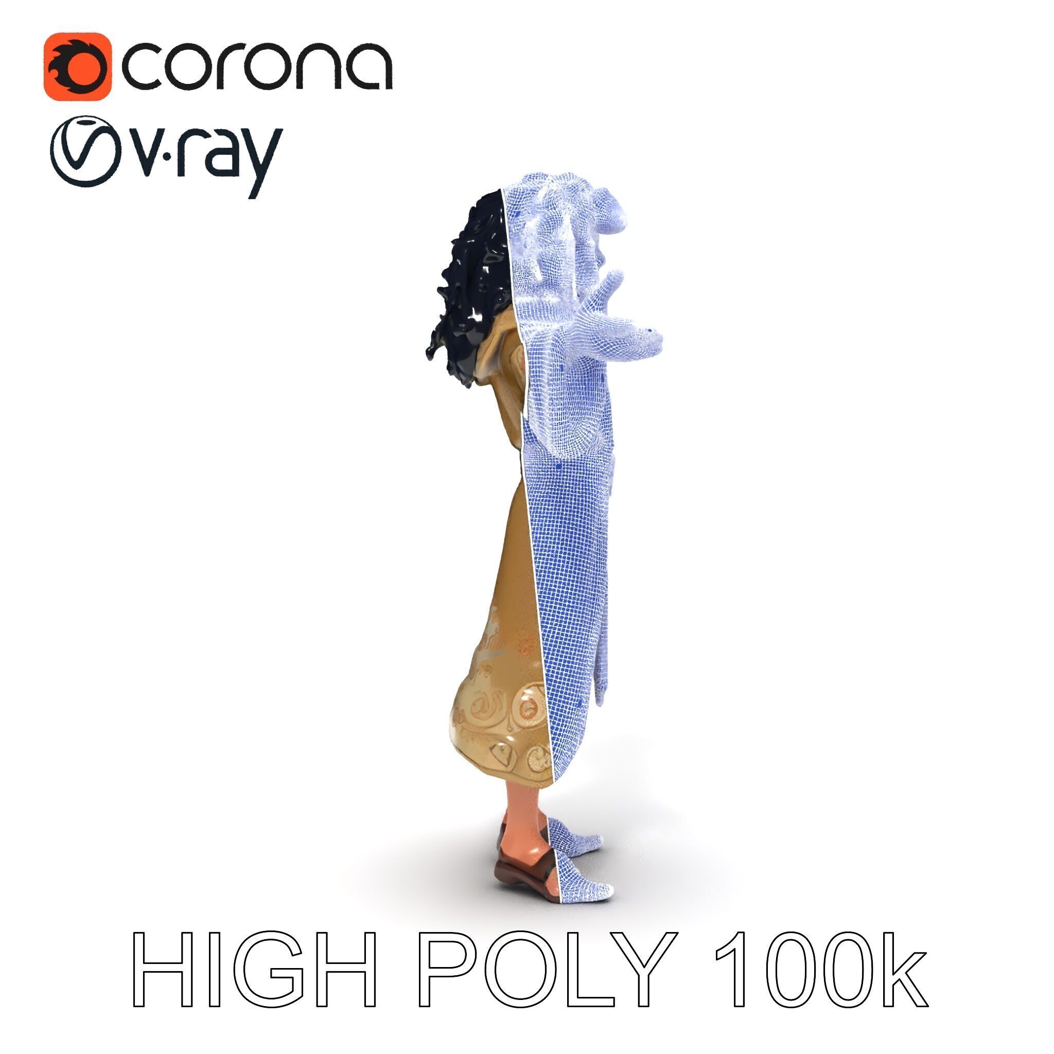Mystical Wizard Character with Flowing Robes and Curly Hair Low-poly 3D model_36