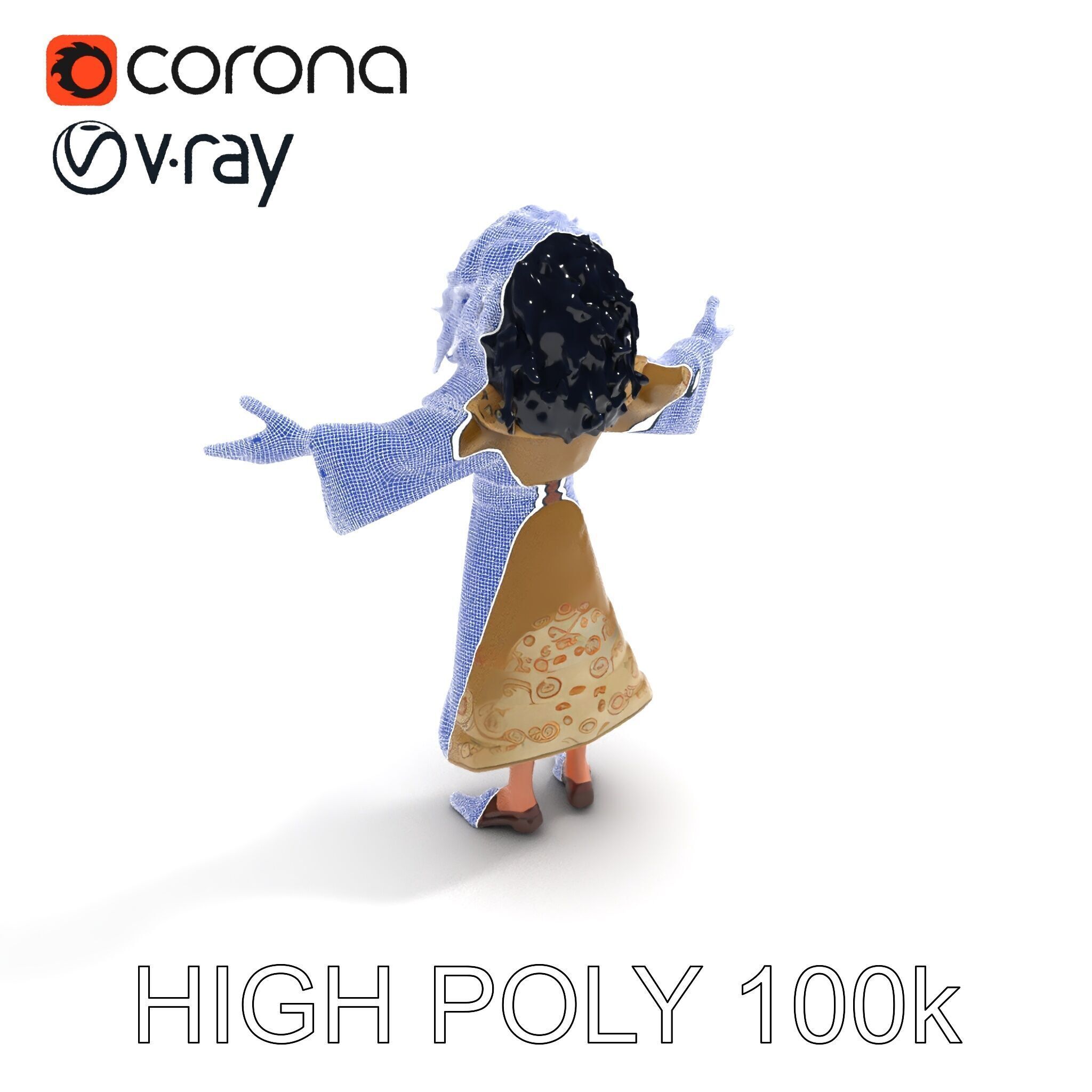 Mystical Wizard Character with Flowing Robes and Curly Hair Low-poly 3D model_21