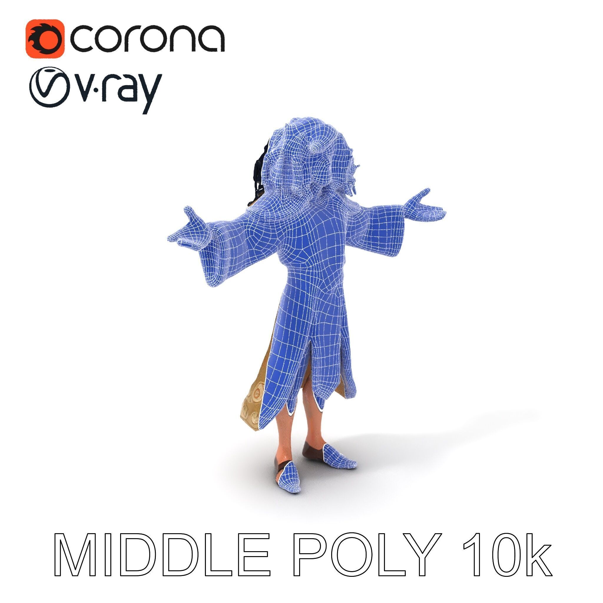 Mystical Wizard Character with Flowing Robes and Curly Hair Low-poly 3D model_6