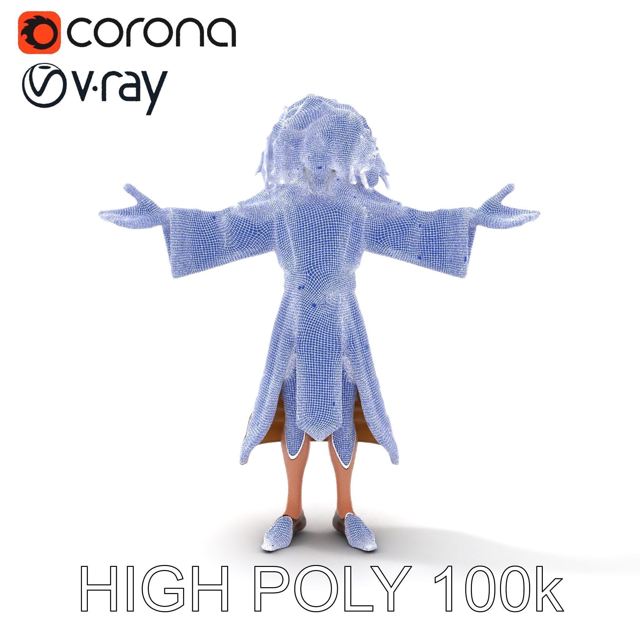 Mystical Wizard Character with Flowing Robes and Curly Hair Low-poly 3D model_24