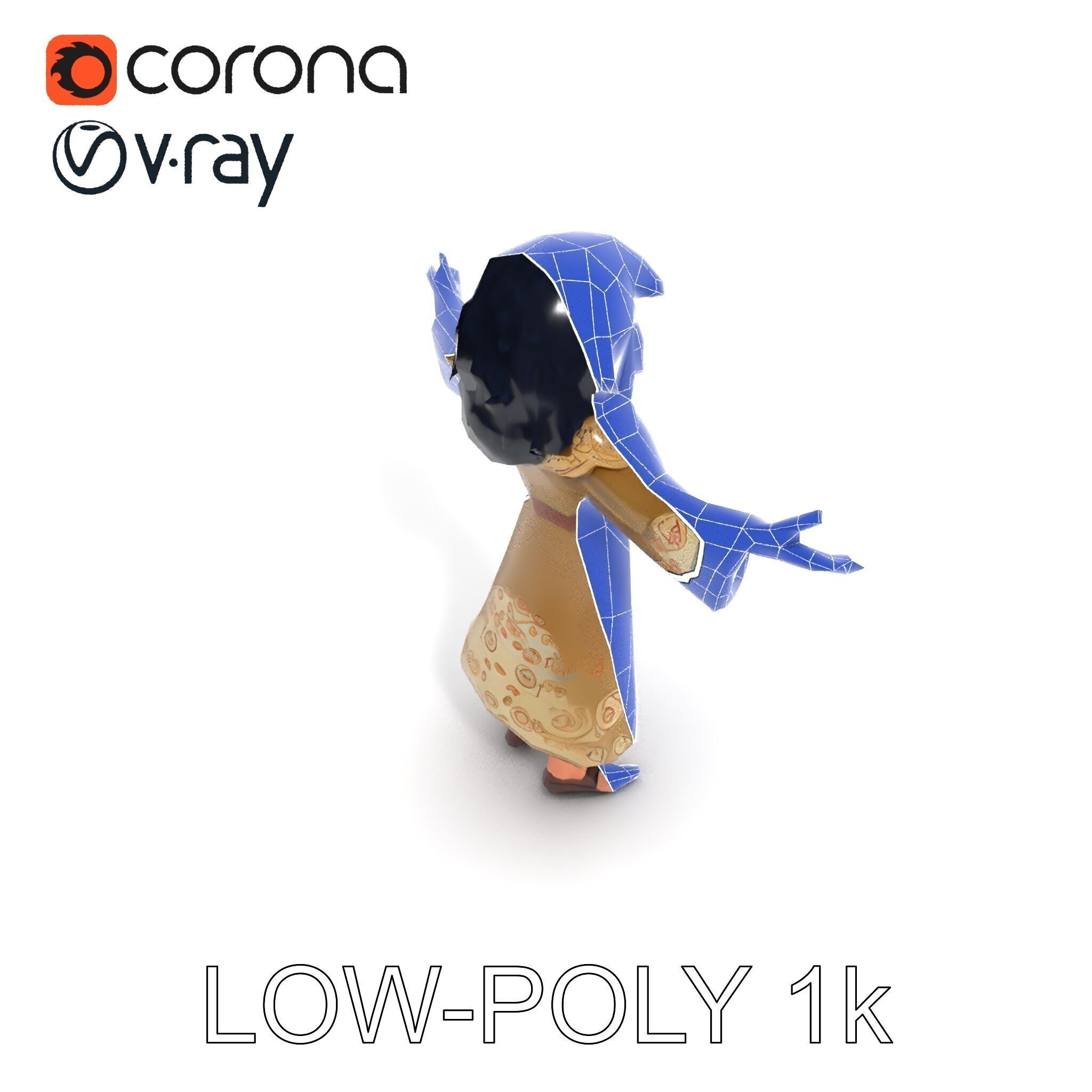 Mystical Wizard Character with Flowing Robes and Curly Hair Low-poly 3D model_15