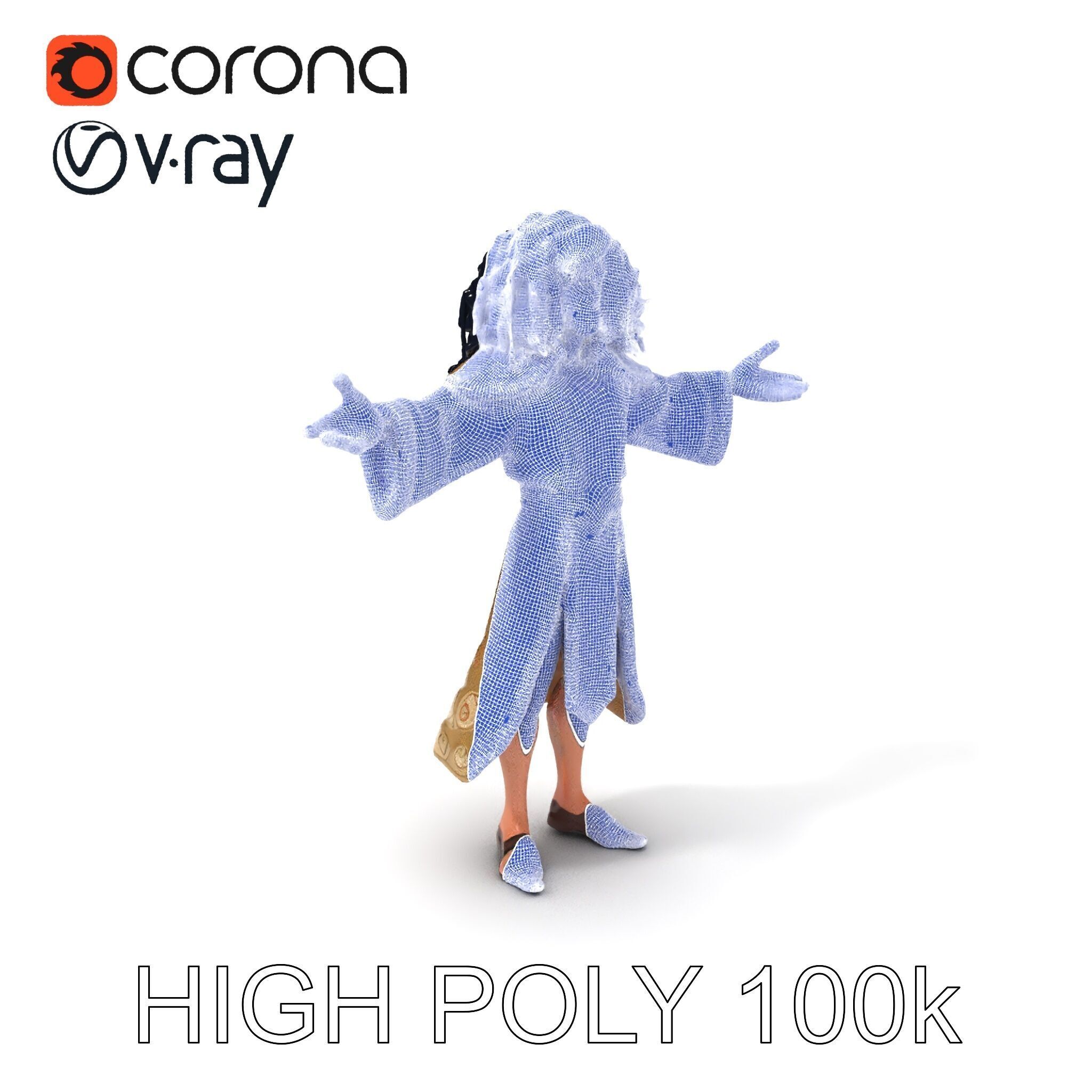 Mystical Wizard Character with Flowing Robes and Curly Hair Low-poly 3D model_3