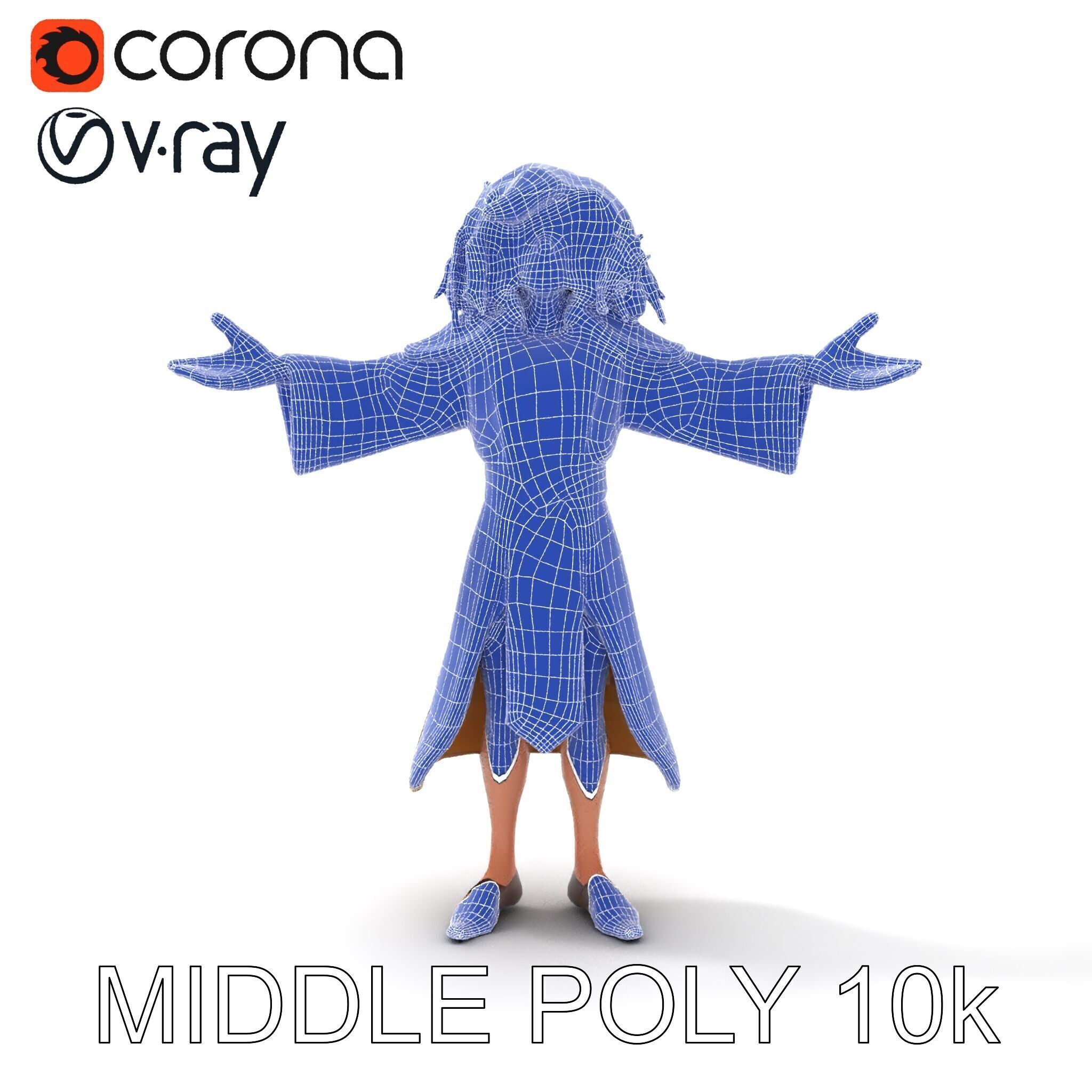 Mystical Wizard Character with Flowing Robes and Curly Hair Low-poly 3D model_9