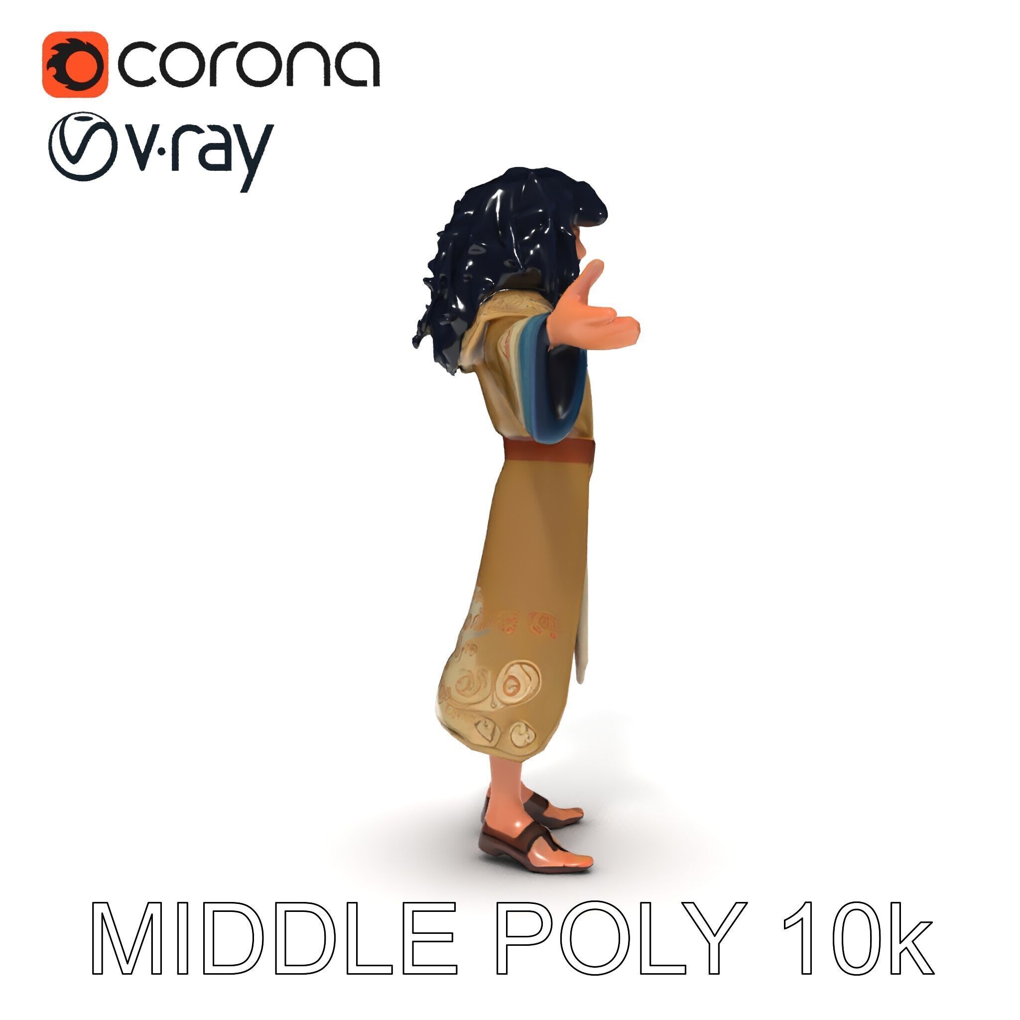 Mystical Wizard Character with Flowing Robes and Curly Hair Low-poly 3D model_35