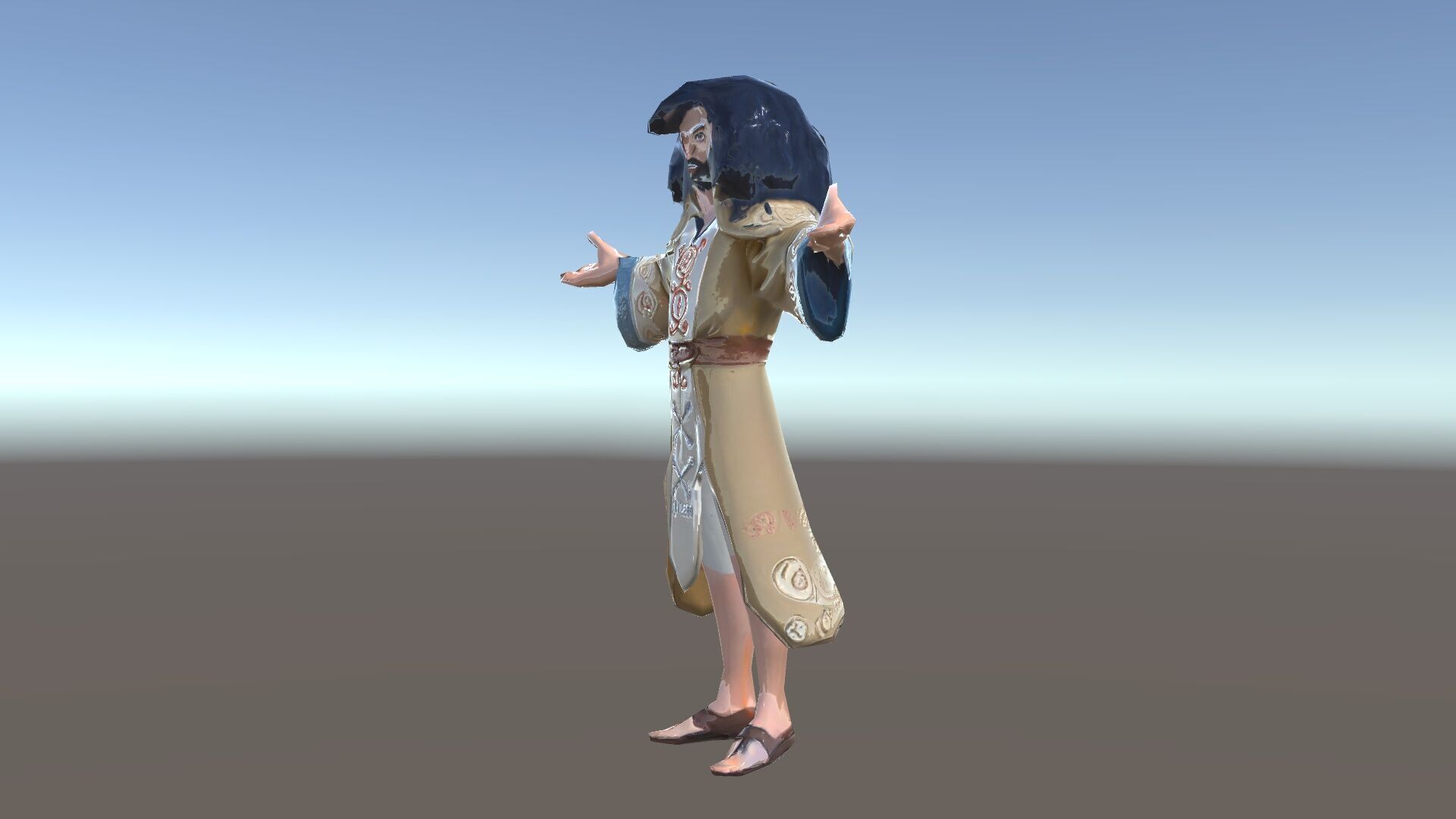 Mystical Wizard Character with Flowing Robes and Curly Hair Low-poly 3D model_7