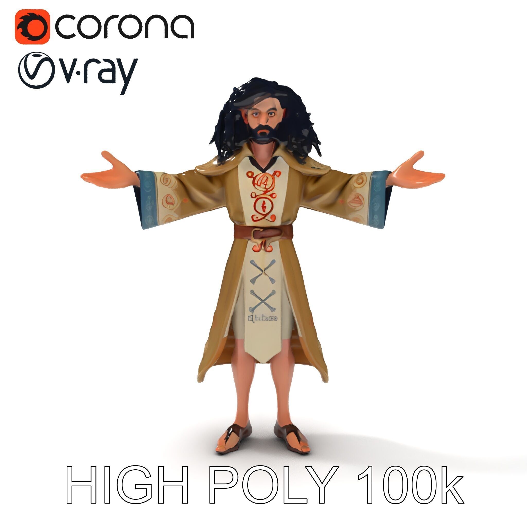 Mystical Wizard Character with Flowing Robes and Curly Hair Low-poly 3D model_30