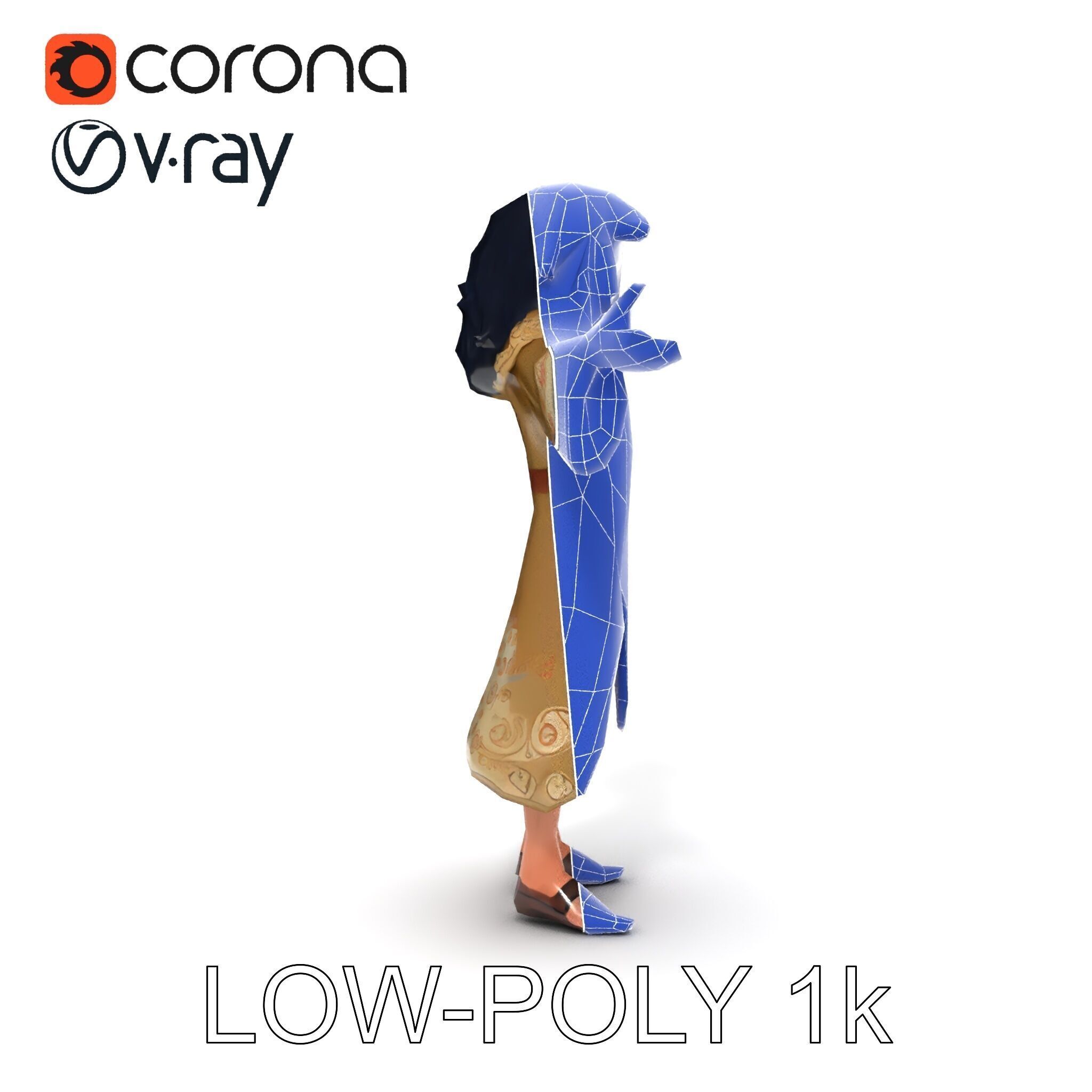 Mystical Wizard Character with Flowing Robes and Curly Hair Low-poly 3D model_10