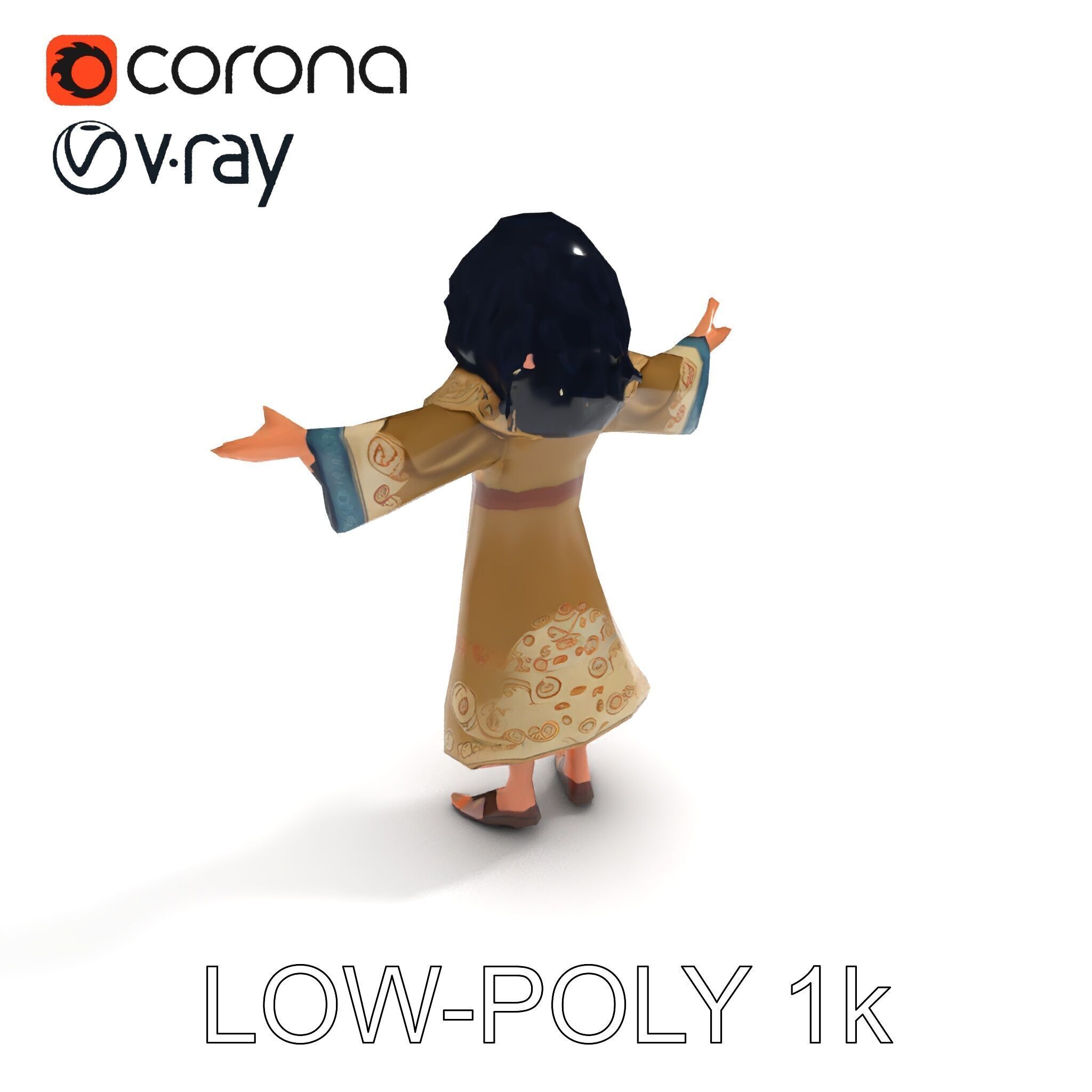 Mystical Wizard Character with Flowing Robes and Curly Hair Low-poly 3D model_34