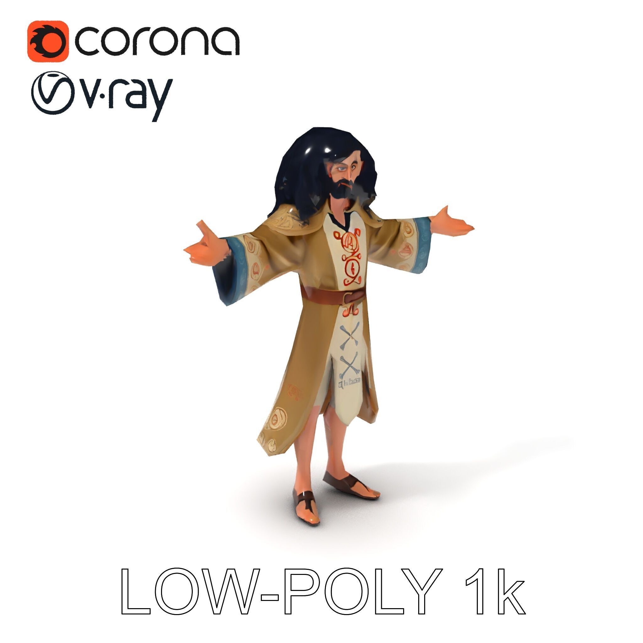 Mystical Wizard Character with Flowing Robes and Curly Hair Low-poly 3D model_29
