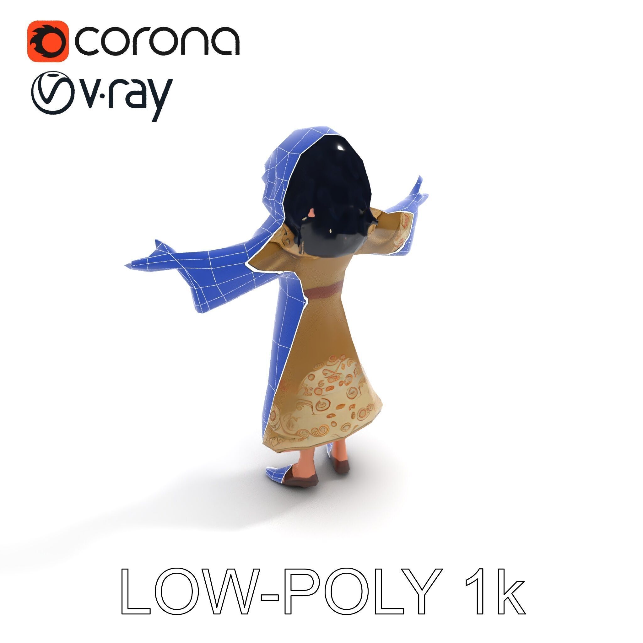 Mystical Wizard Character with Flowing Robes and Curly Hair Low-poly 3D model_18