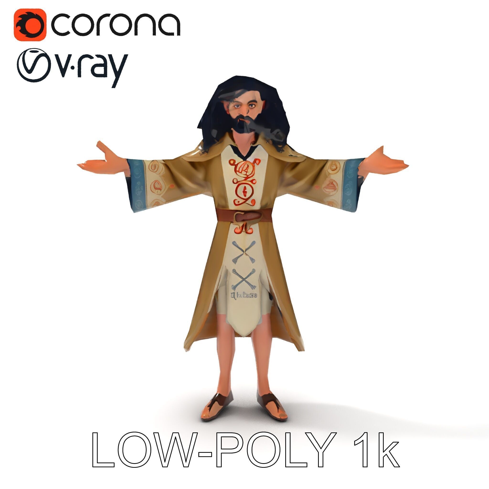 Mystical Wizard Character with Flowing Robes and Curly Hair Low-poly 3D model_23