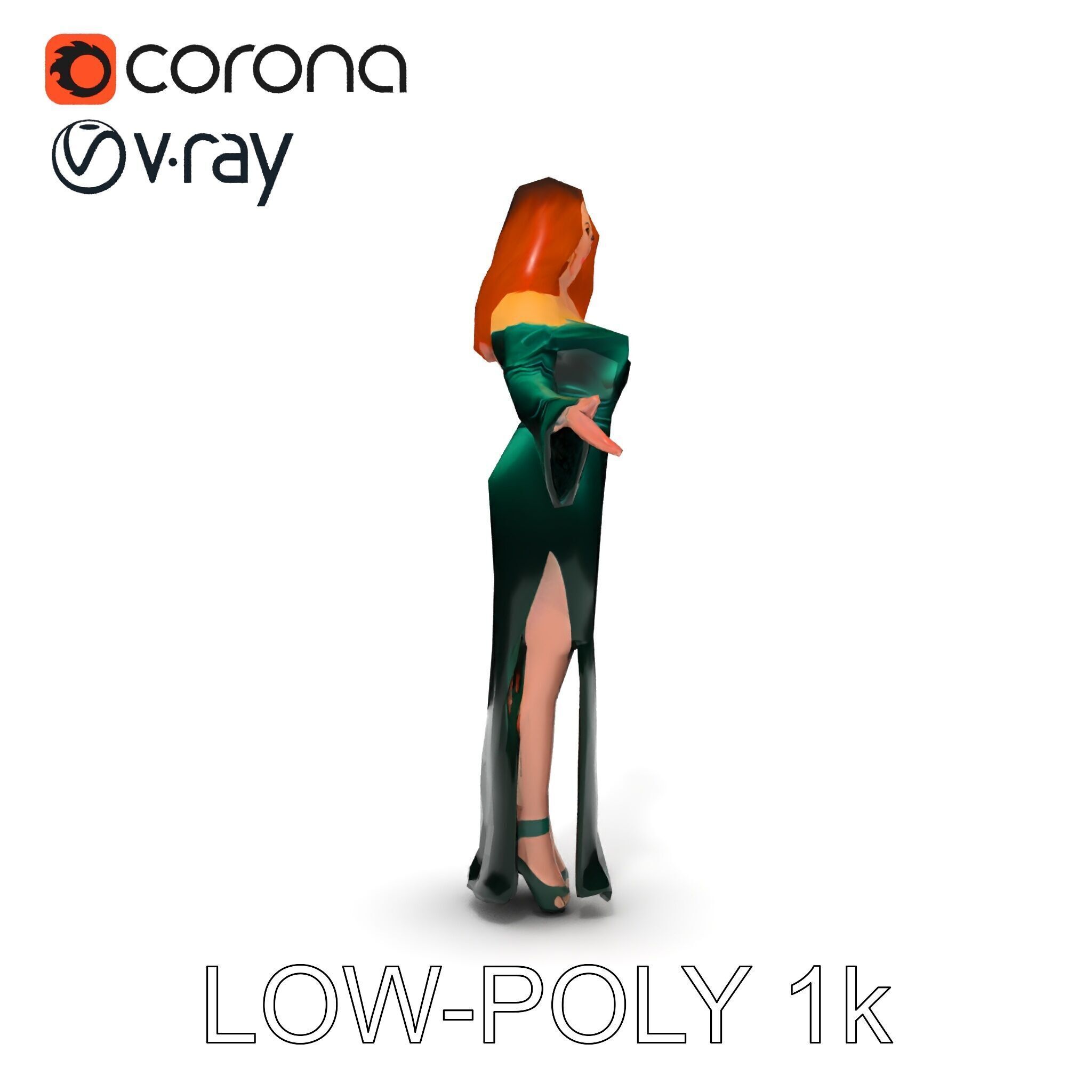 Elegant Redhead Woman in Green Gown D Character Model Low-poly 3D model_26