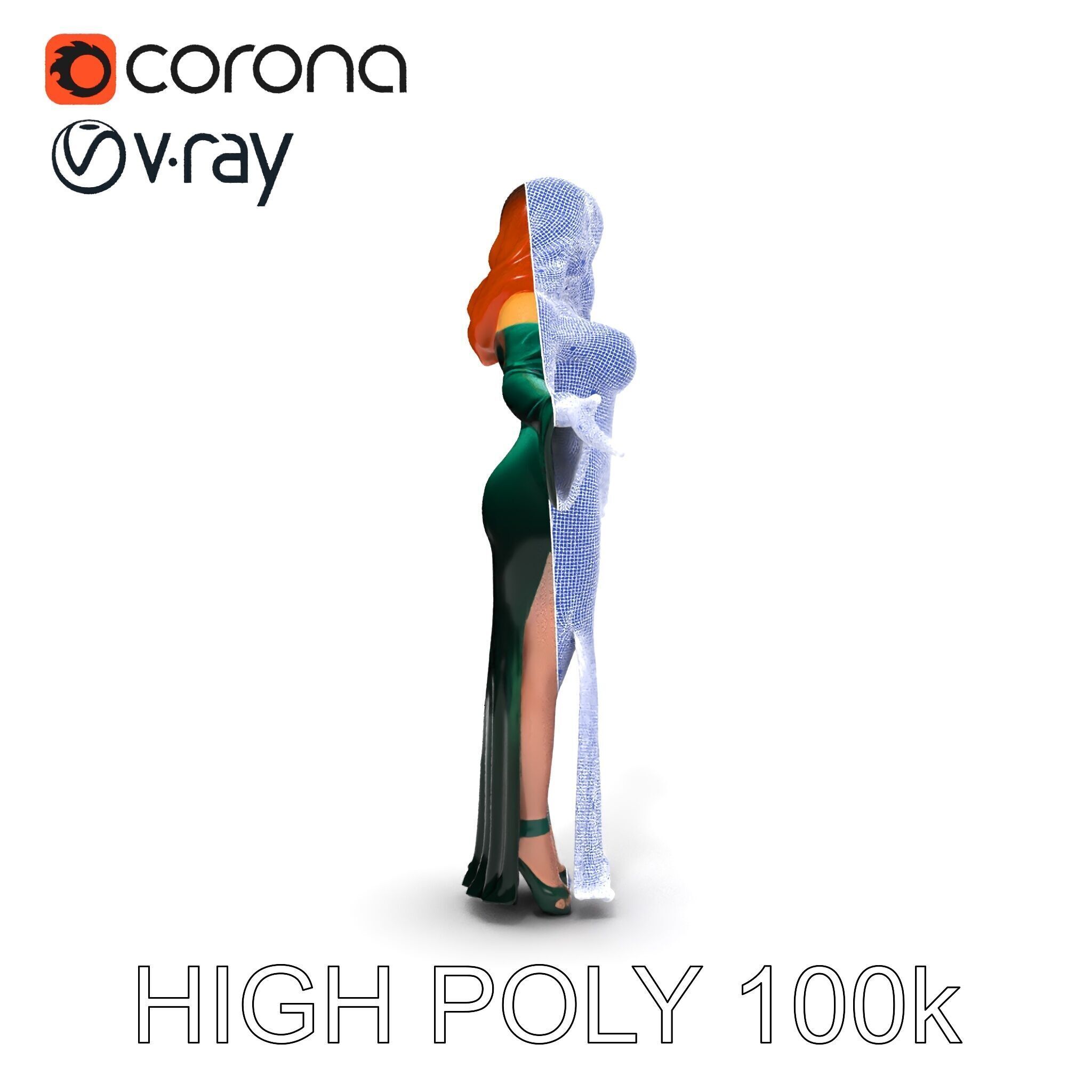 Elegant Redhead Woman in Green Gown D Character Model Low-poly 3D model_11
