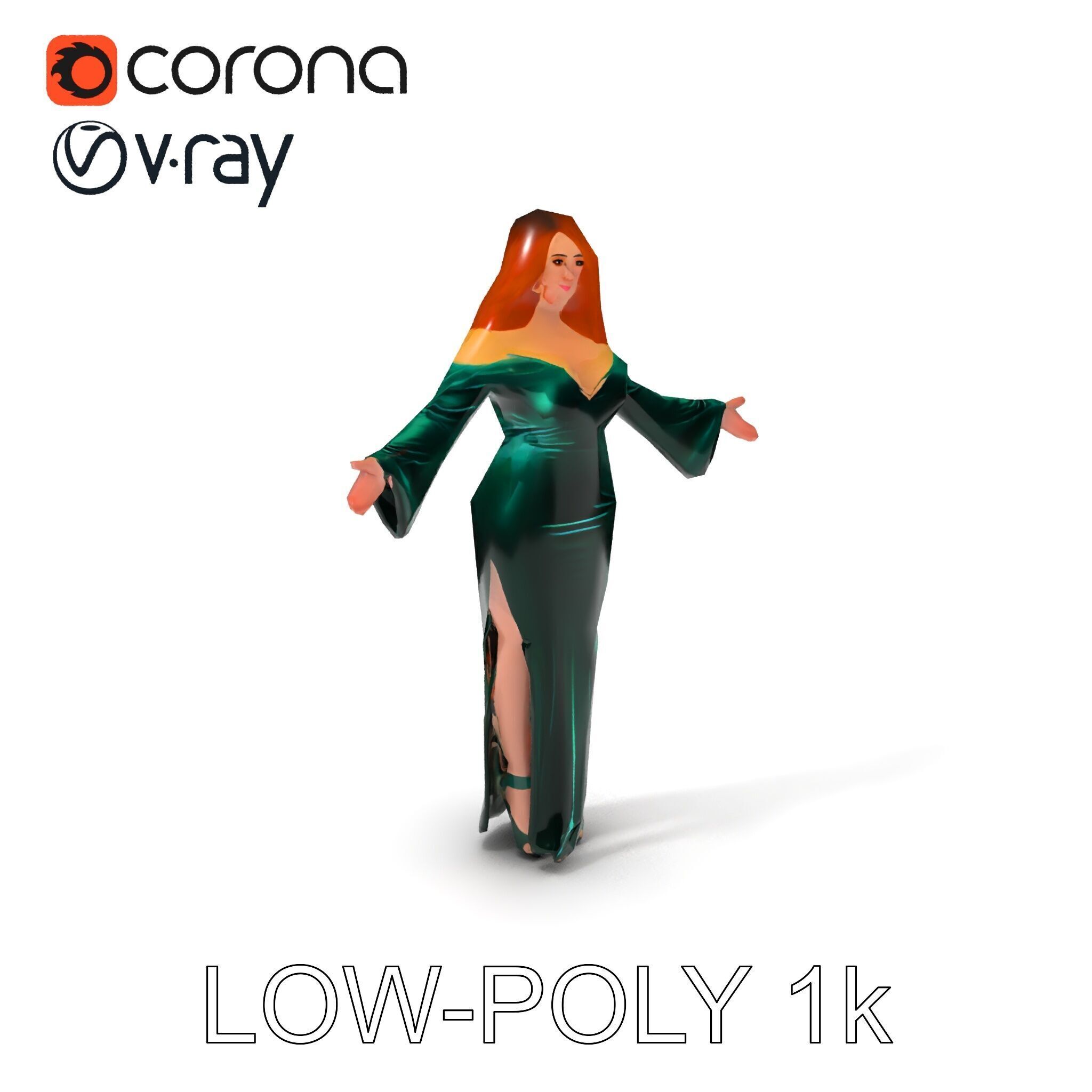 Elegant Redhead Woman in Green Gown D Character Model Low-poly 3D model_15