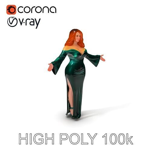 Elegant Redhead Woman in Green Gown D Character Model Low-poly 3D model