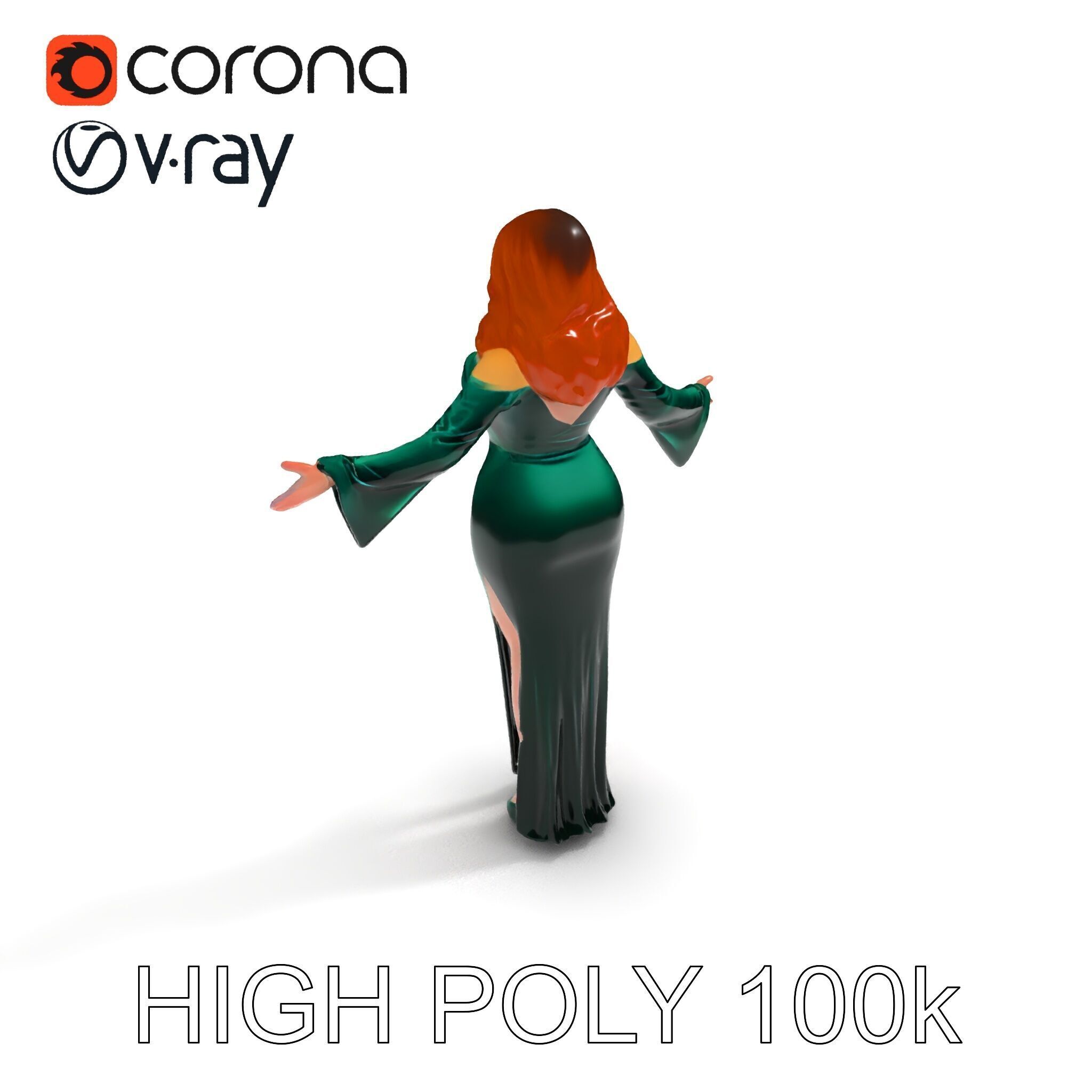 Elegant Redhead Woman in Green Gown D Character Model Low-poly 3D model_16