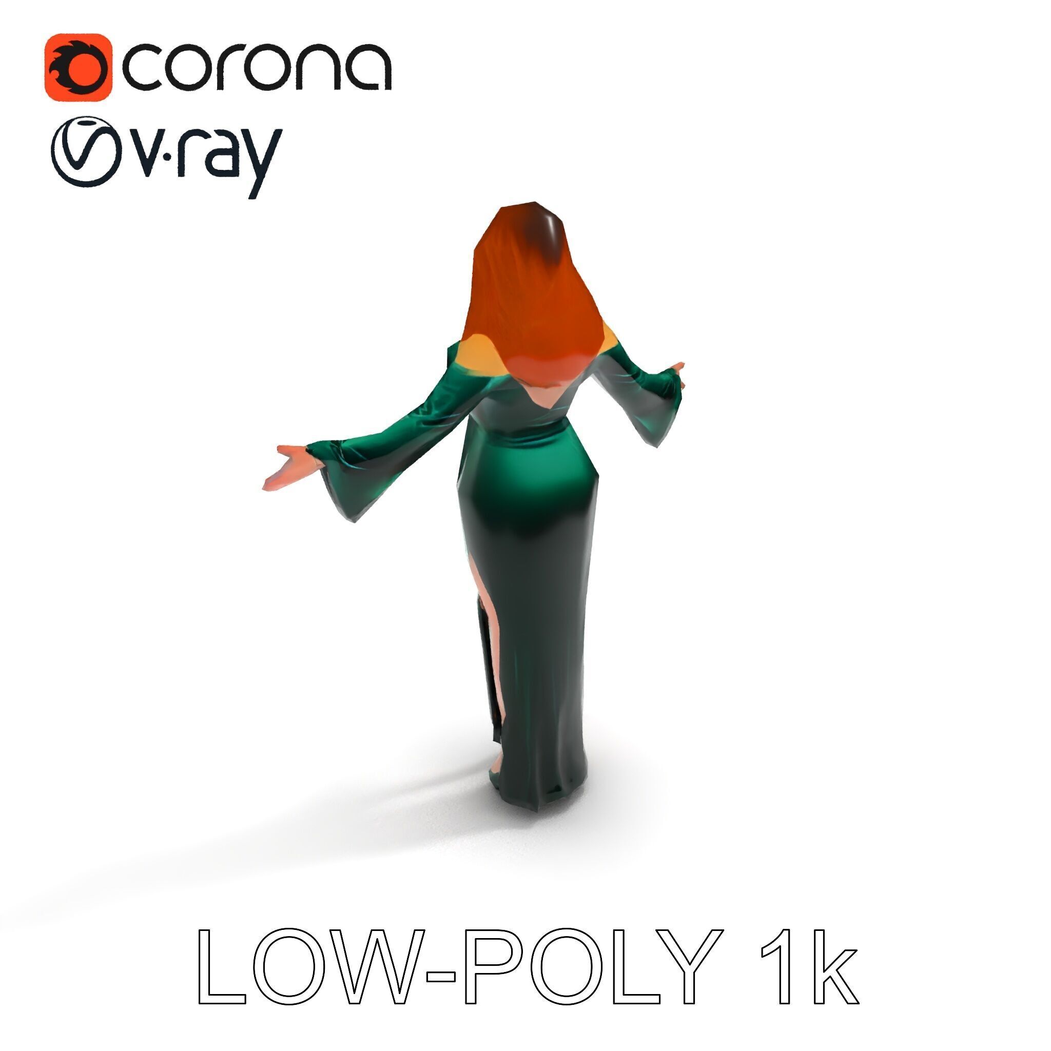Elegant Redhead Woman in Green Gown D Character Model Low-poly 3D model_13