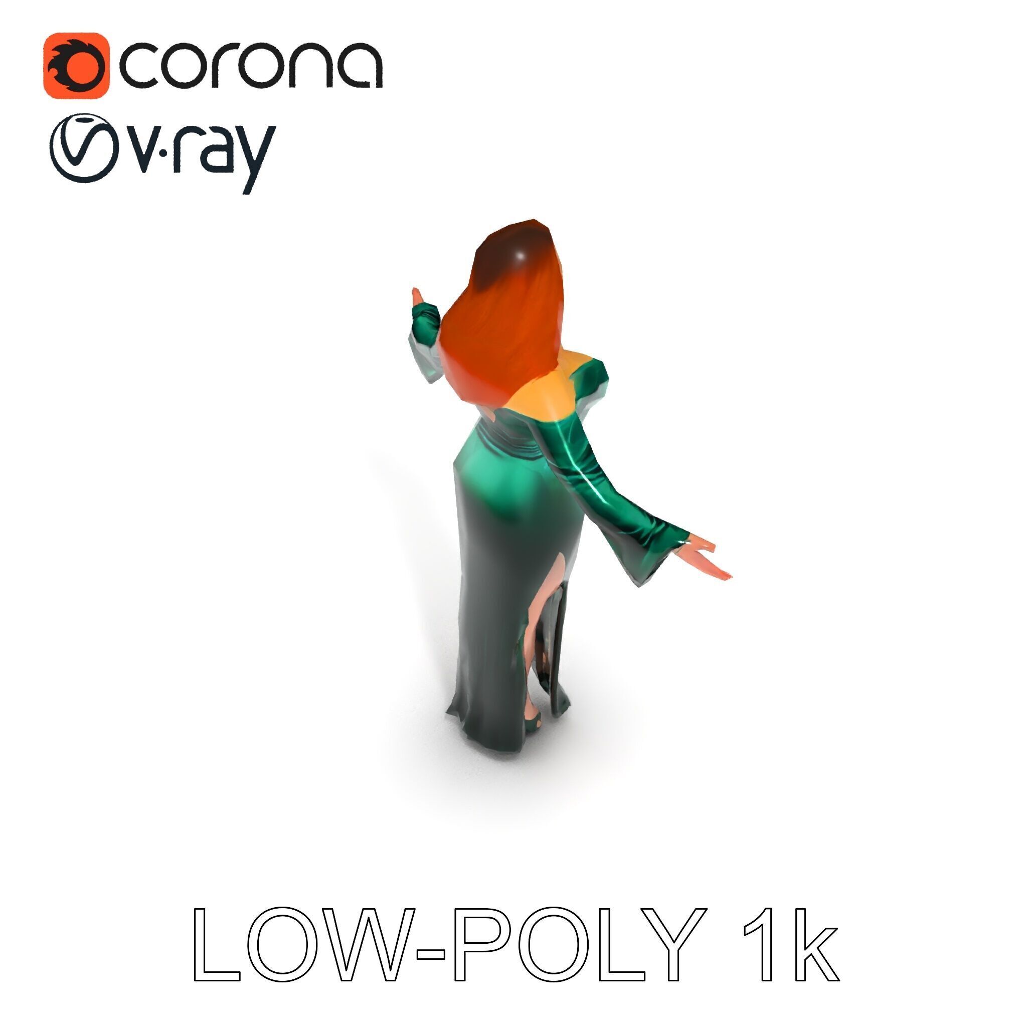 Elegant Redhead Woman in Green Gown D Character Model Low-poly 3D model_10