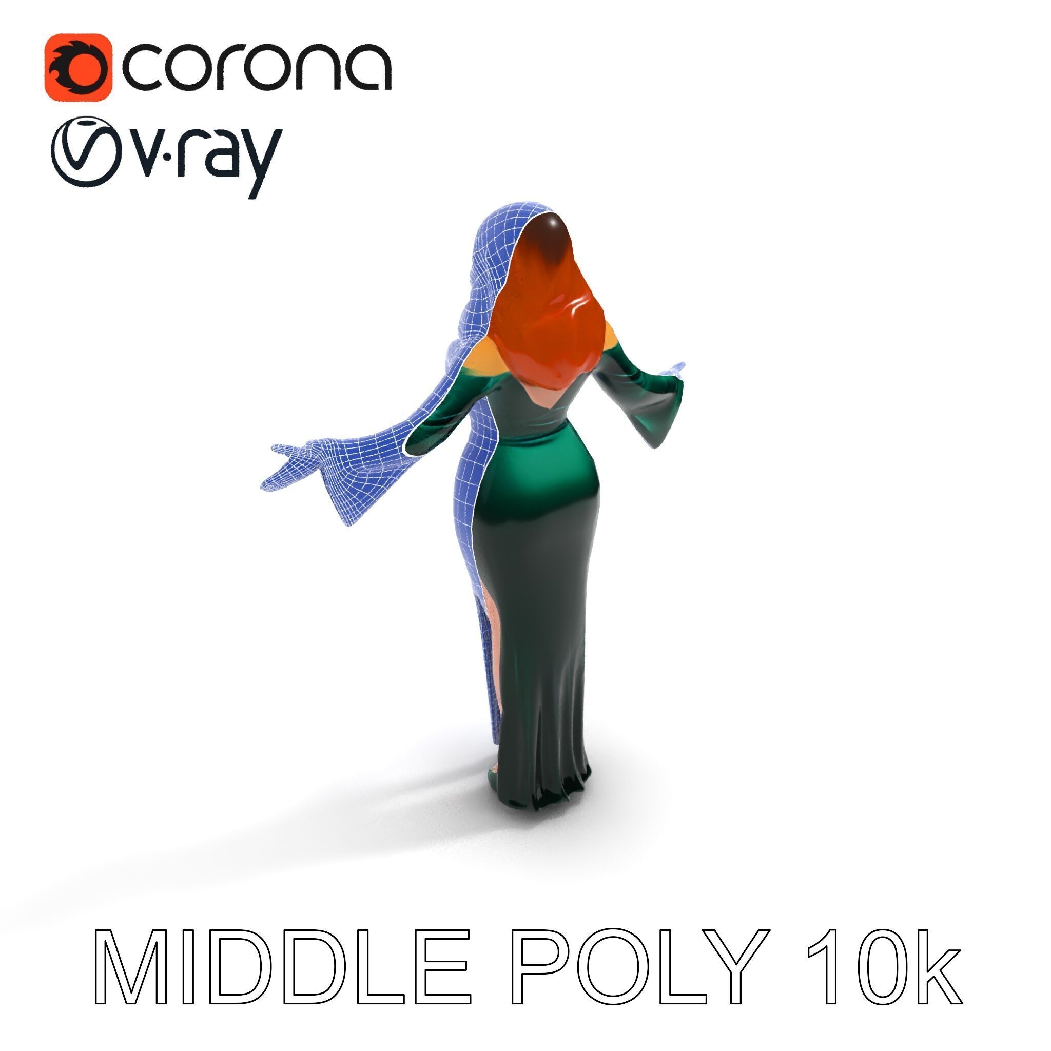 Elegant Redhead Woman in Green Gown D Character Model Low-poly 3D model_22