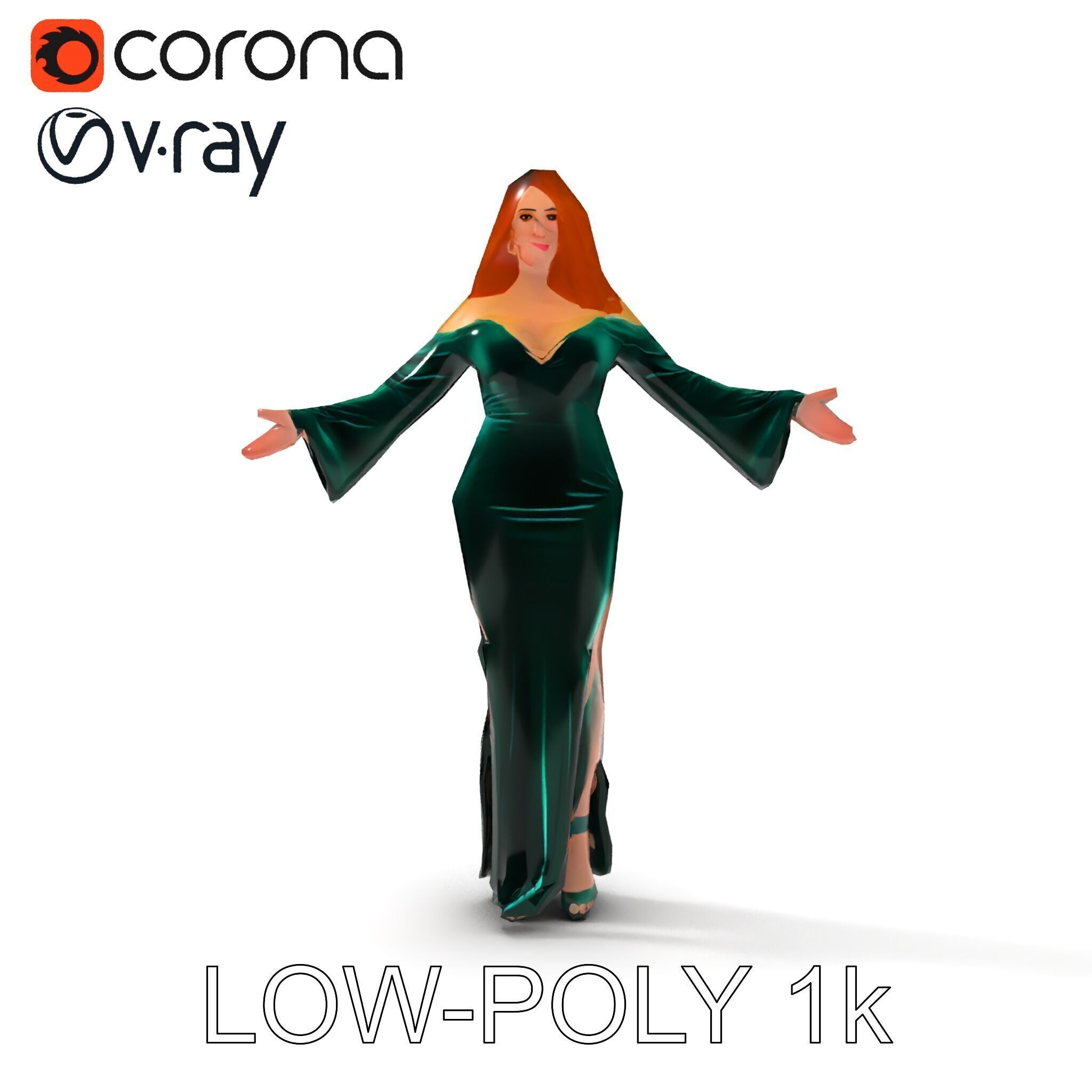 Elegant Redhead Woman in Green Gown D Character Model Low-poly 3D model_7