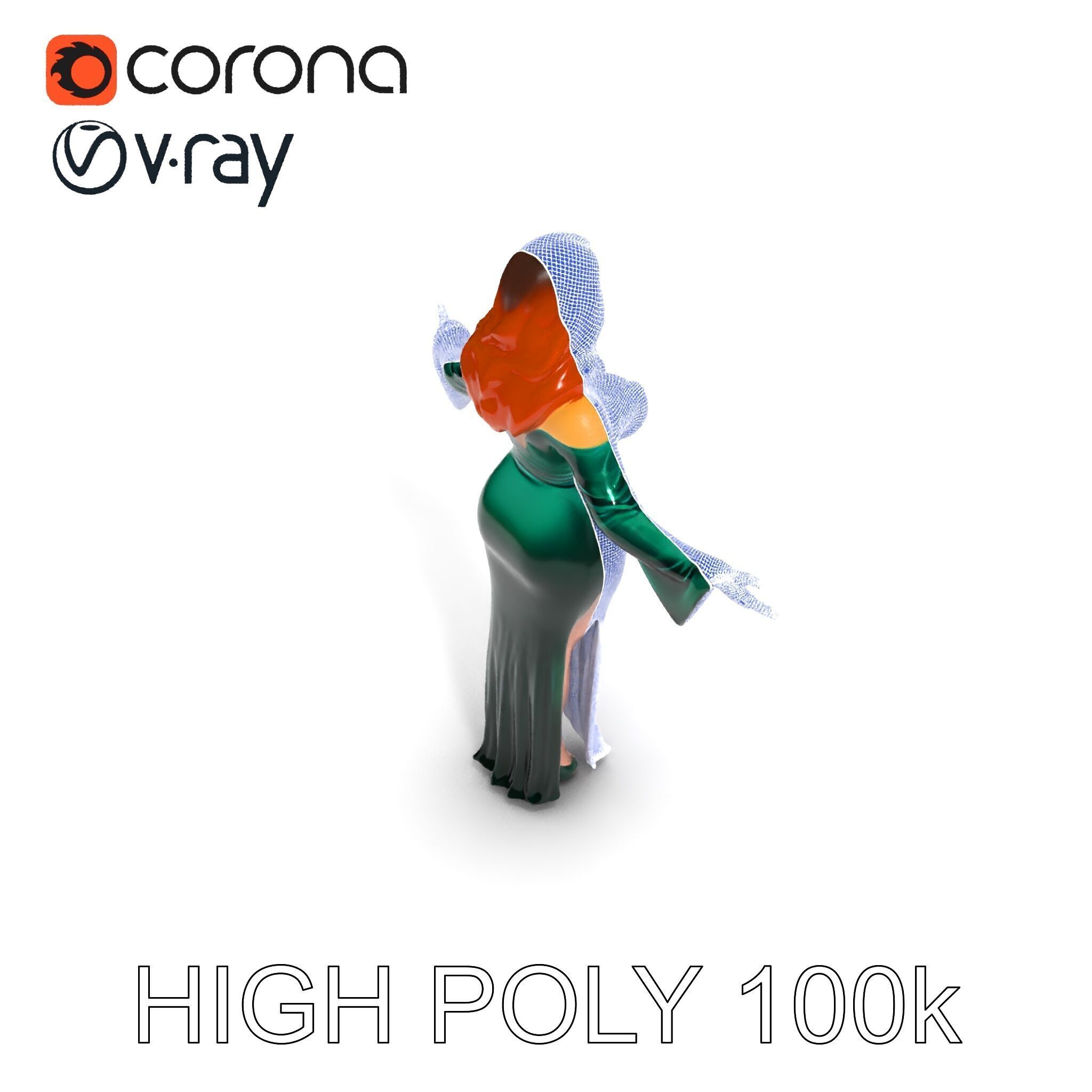 Elegant Redhead Woman in Green Gown D Character Model Low-poly 3D model_32