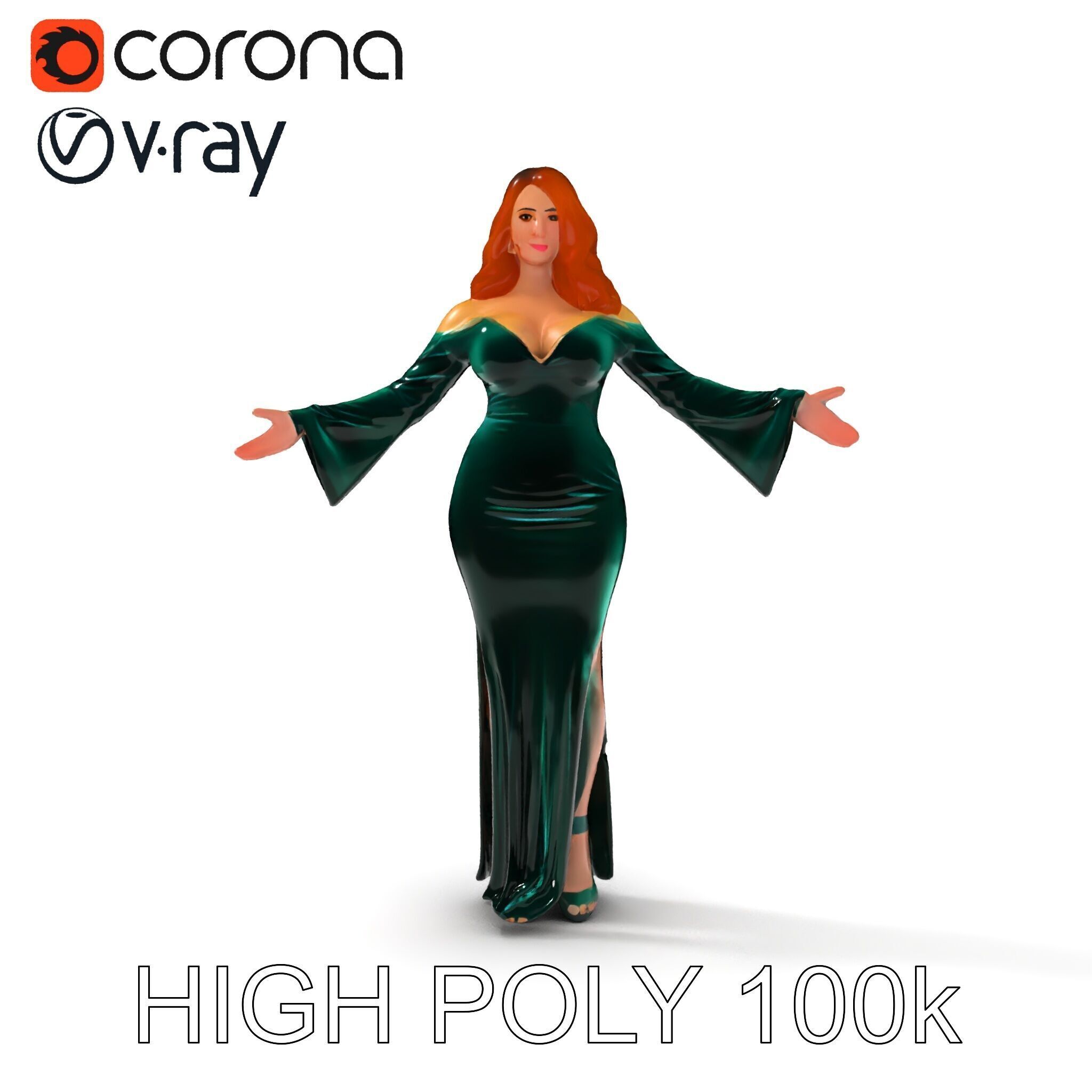 Elegant Redhead Woman in Green Gown D Character Model Low-poly 3D model_19