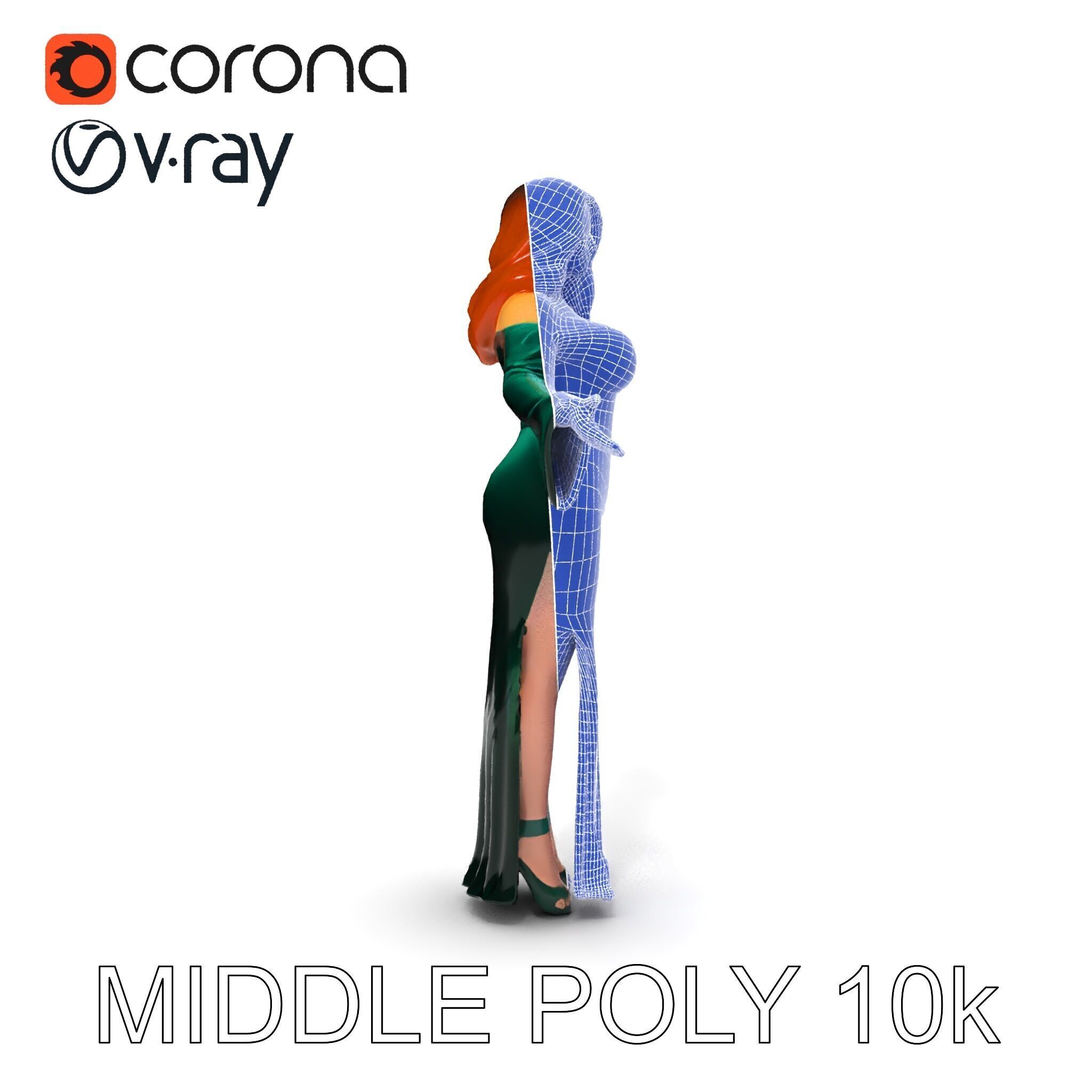 Elegant Redhead Woman in Green Gown D Character Model Low-poly 3D model_17
