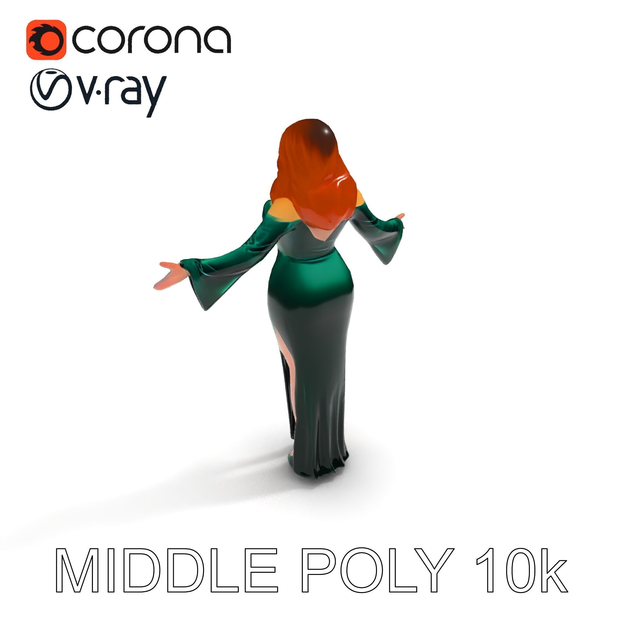 Elegant Redhead Woman in Green Gown D Character Model Low-poly 3D model_14
