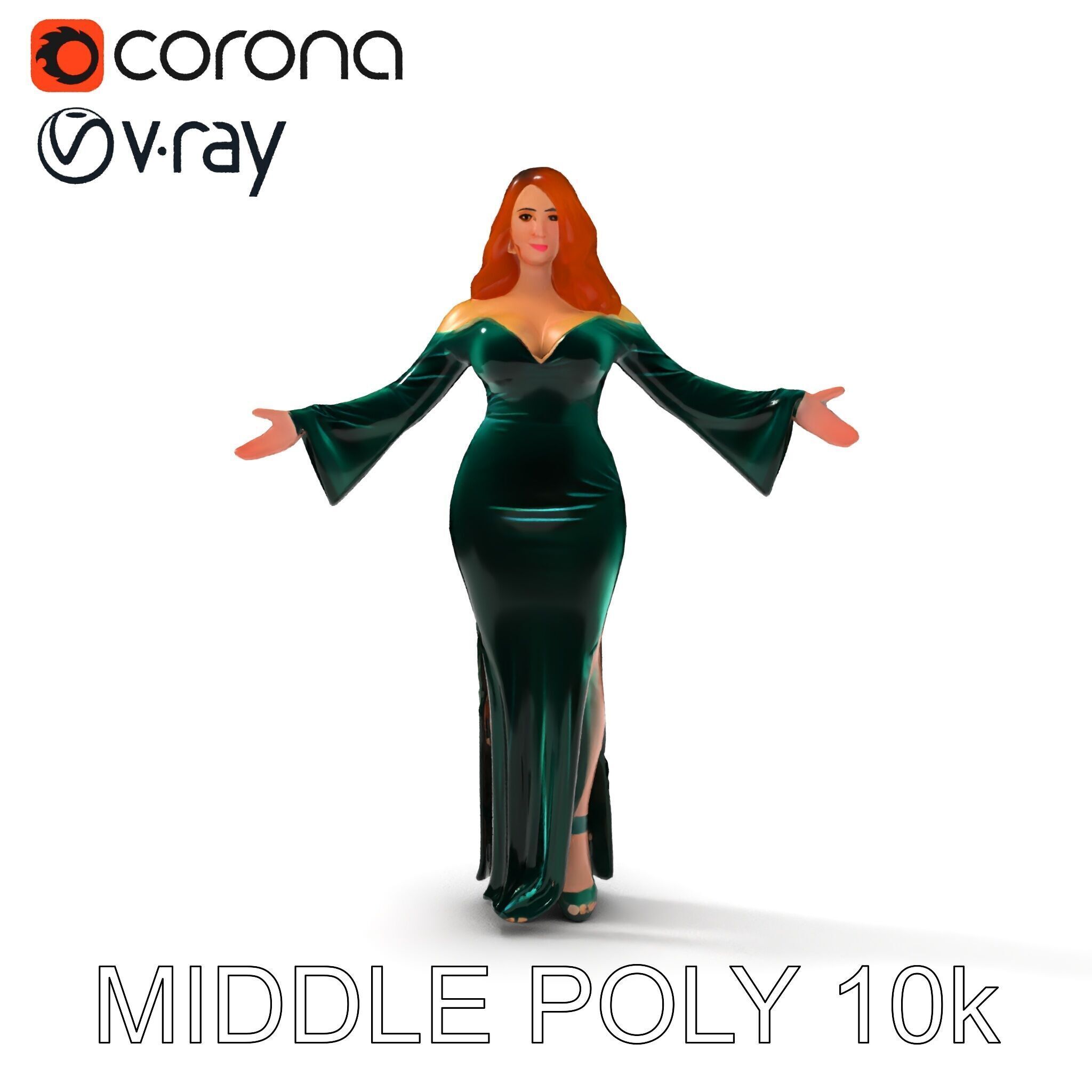Elegant Redhead Woman in Green Gown D Character Model Low-poly 3D model_27