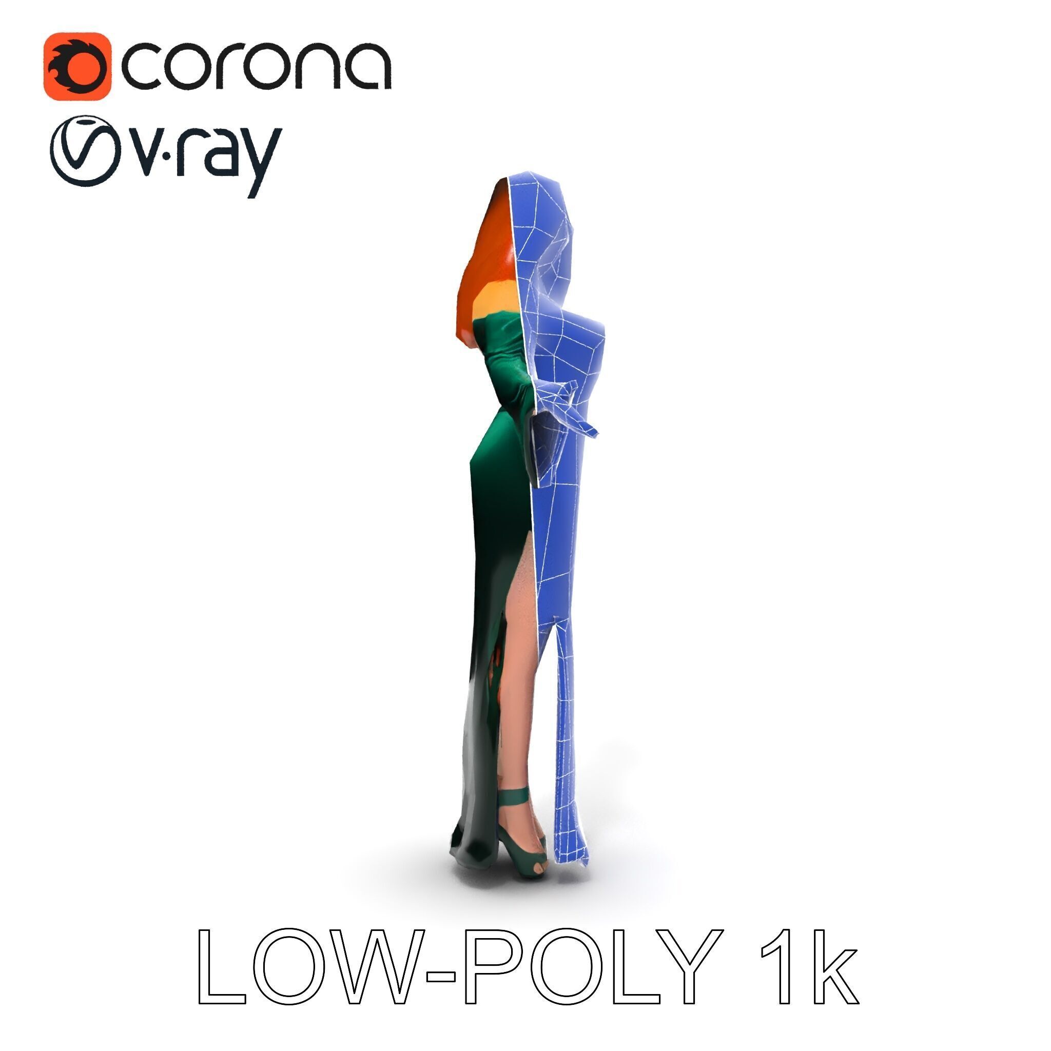 Elegant Redhead Woman in Green Gown D Character Model Low-poly 3D model_28