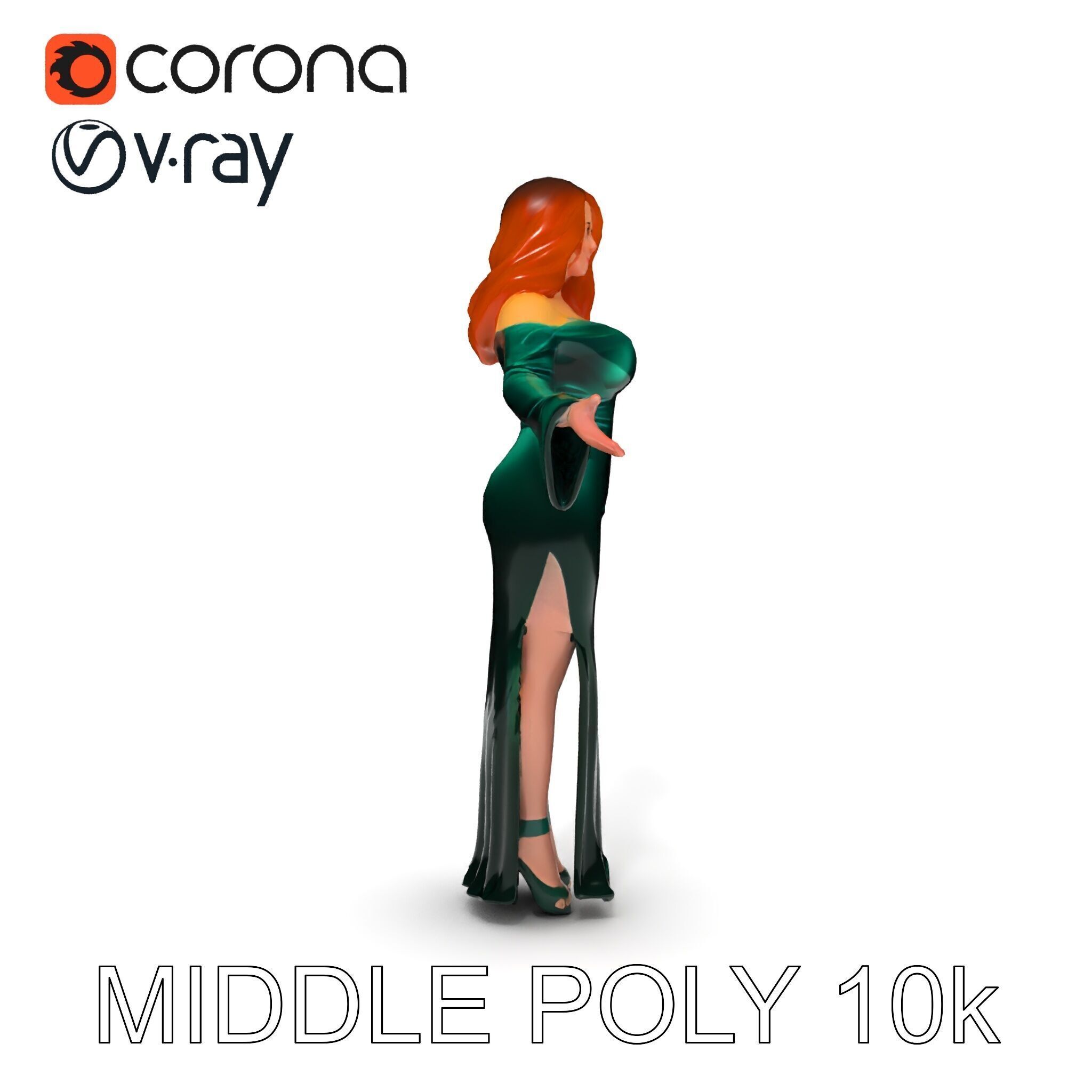 Elegant Redhead Woman in Green Gown D Character Model Low-poly 3D model_36