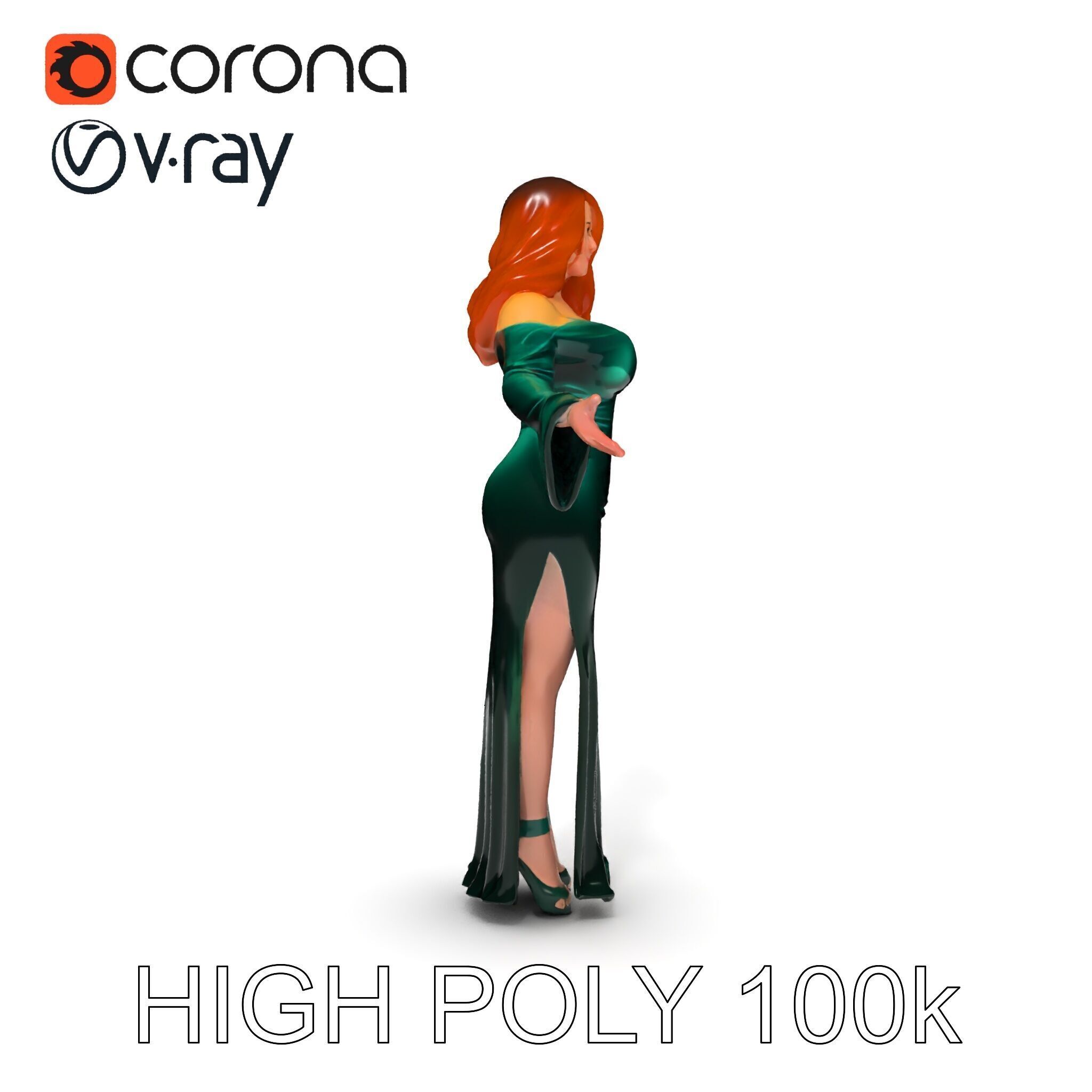 Elegant Redhead Woman in Green Gown D Character Model Low-poly 3D model_8