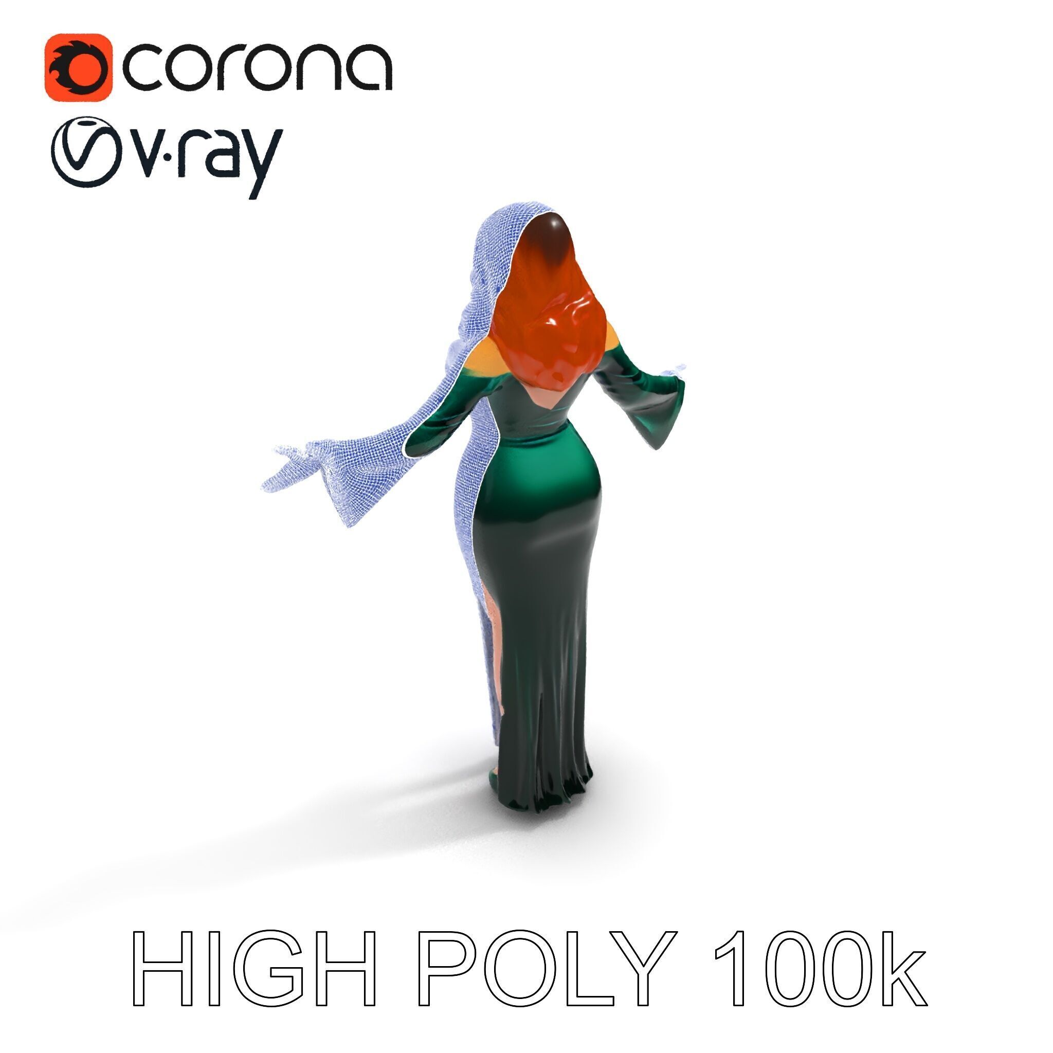 Elegant Redhead Woman in Green Gown D Character Model Low-poly 3D model_29