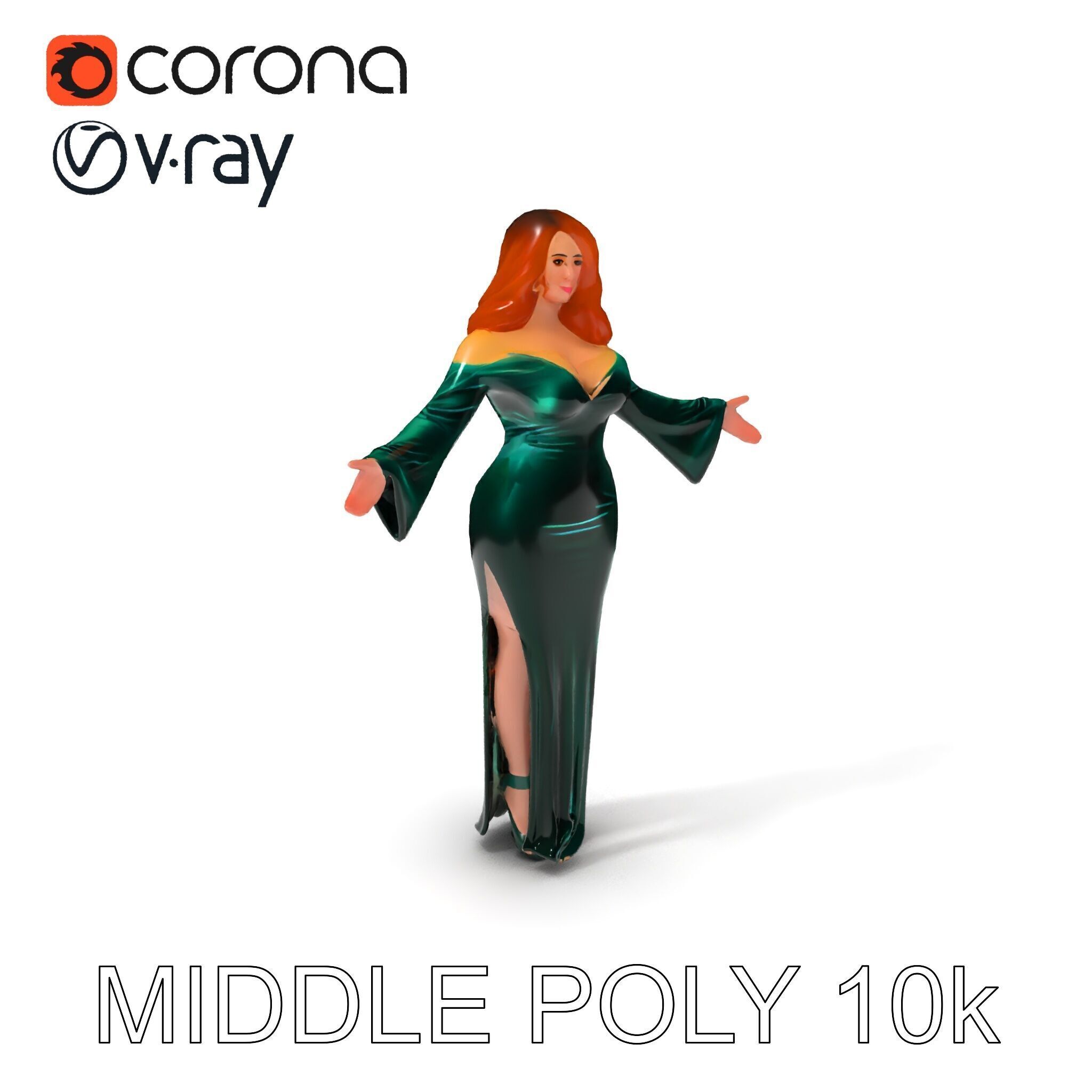 Elegant Redhead Woman in Green Gown D Character Model Low-poly 3D model_12