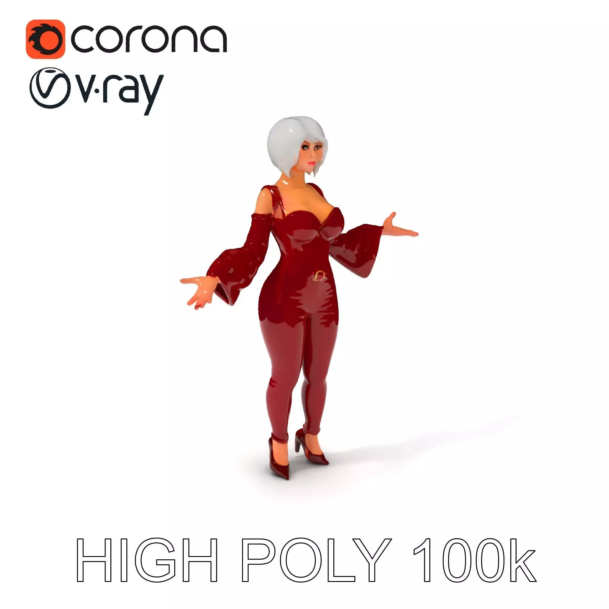 Stylish SilverHaired Femme Fatale in Red Leather Outfit Low-poly 3D model