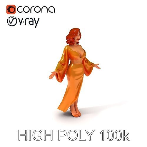 Elegant Redhead Female Character in Golden Sparkling Gown Low-poly 3D model