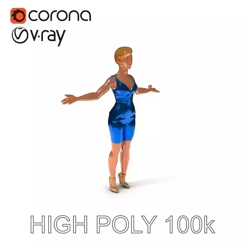 Elegant Female Character in Blue Dress with Short Blond Hair Low-poly 3D model