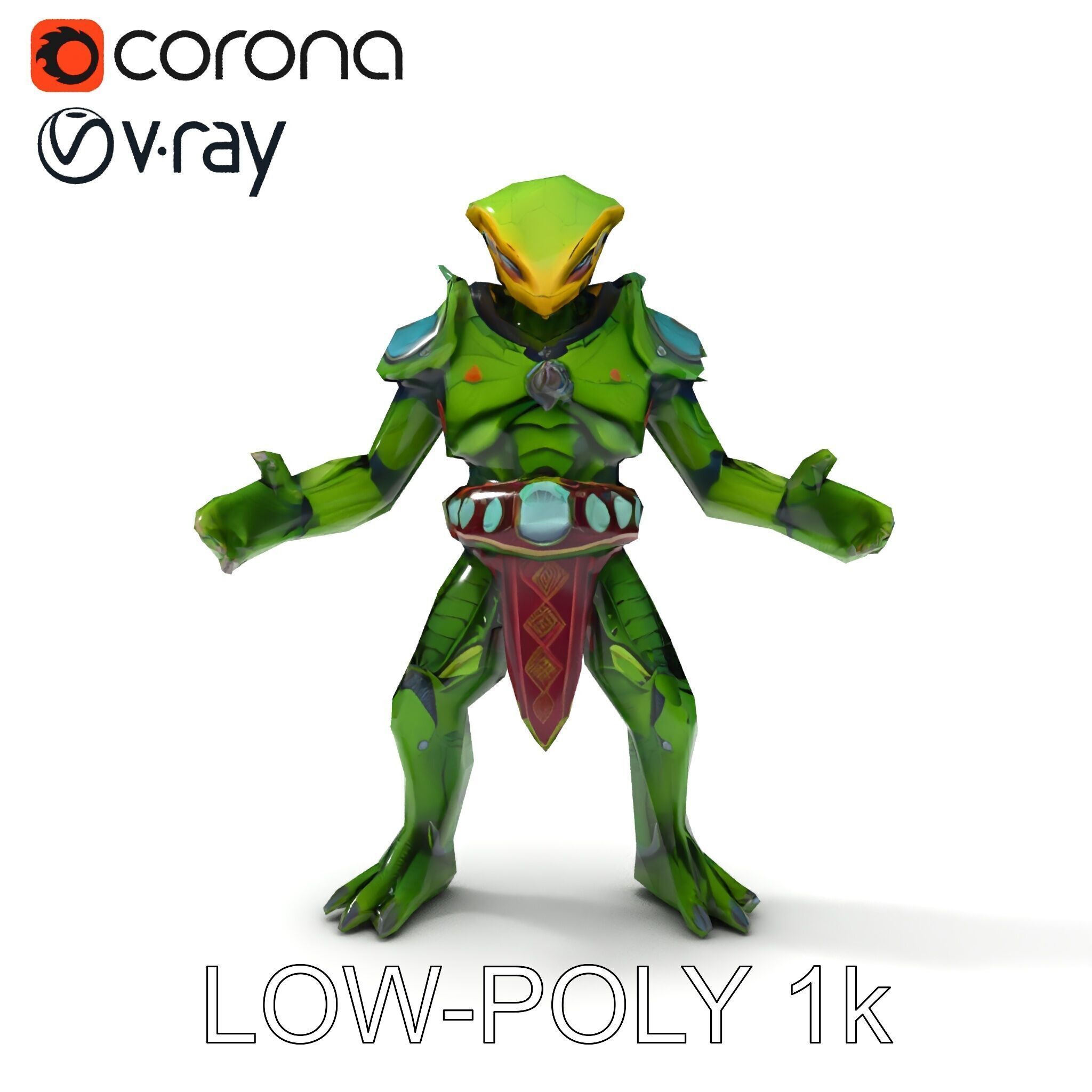 Green Reptilian Warrior D Model with Armored Spikes Low-poly 3D model_33