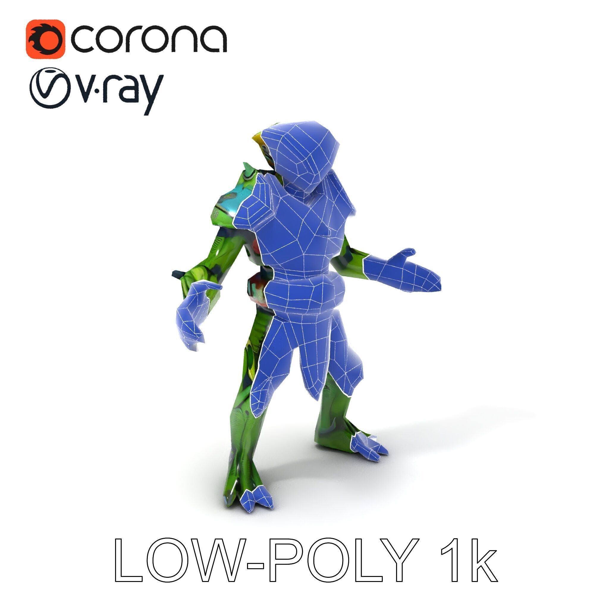 Green Reptilian Warrior D Model with Armored Spikes Low-poly 3D model_12